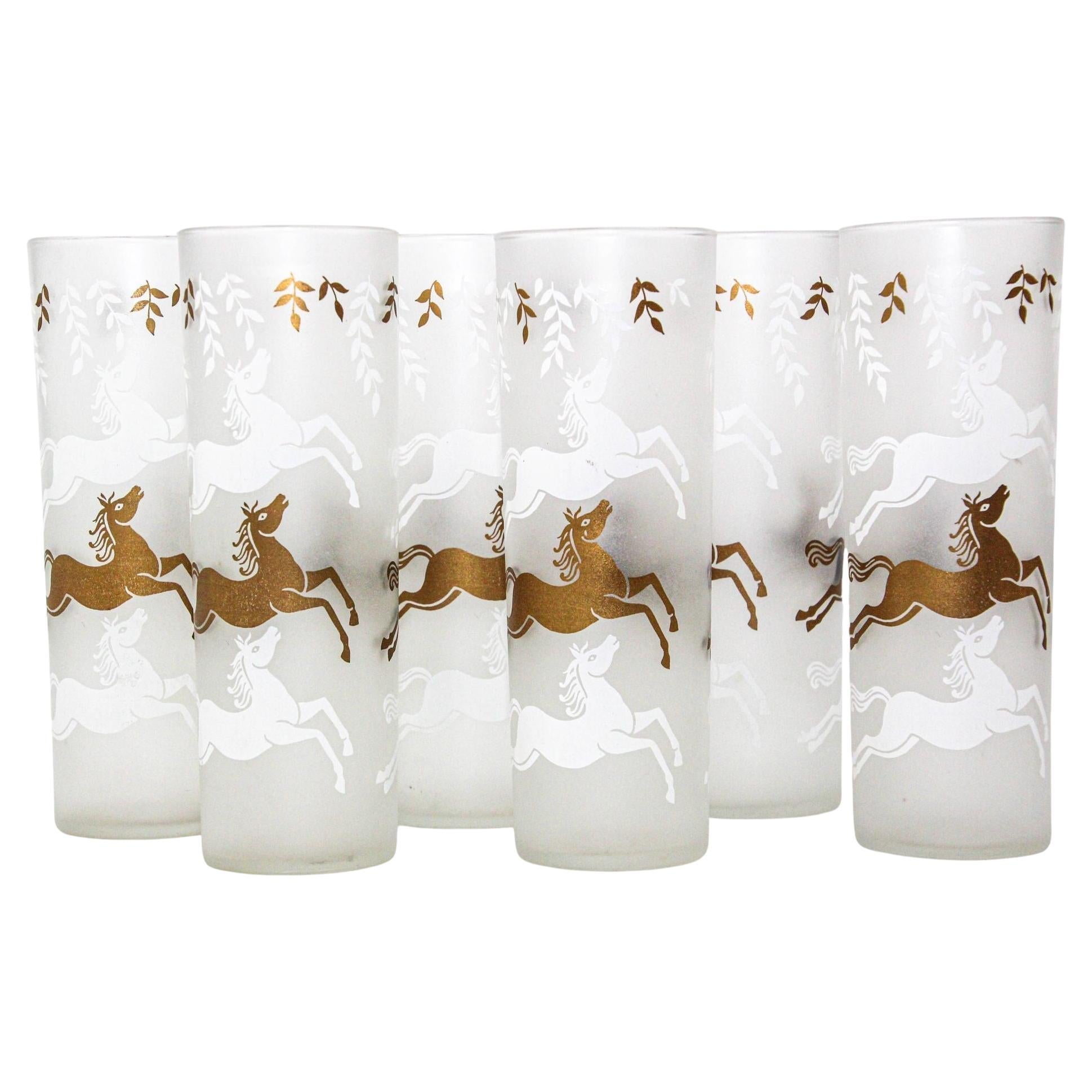 Equestrian Frosted and Gold Drink Glasses Cavalcade by Libbey Galloping Horses For Sale