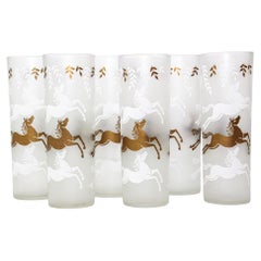 Equestrian Frosted and Gold Drink Glasses Cavalcade by Libbey Galloping Horses