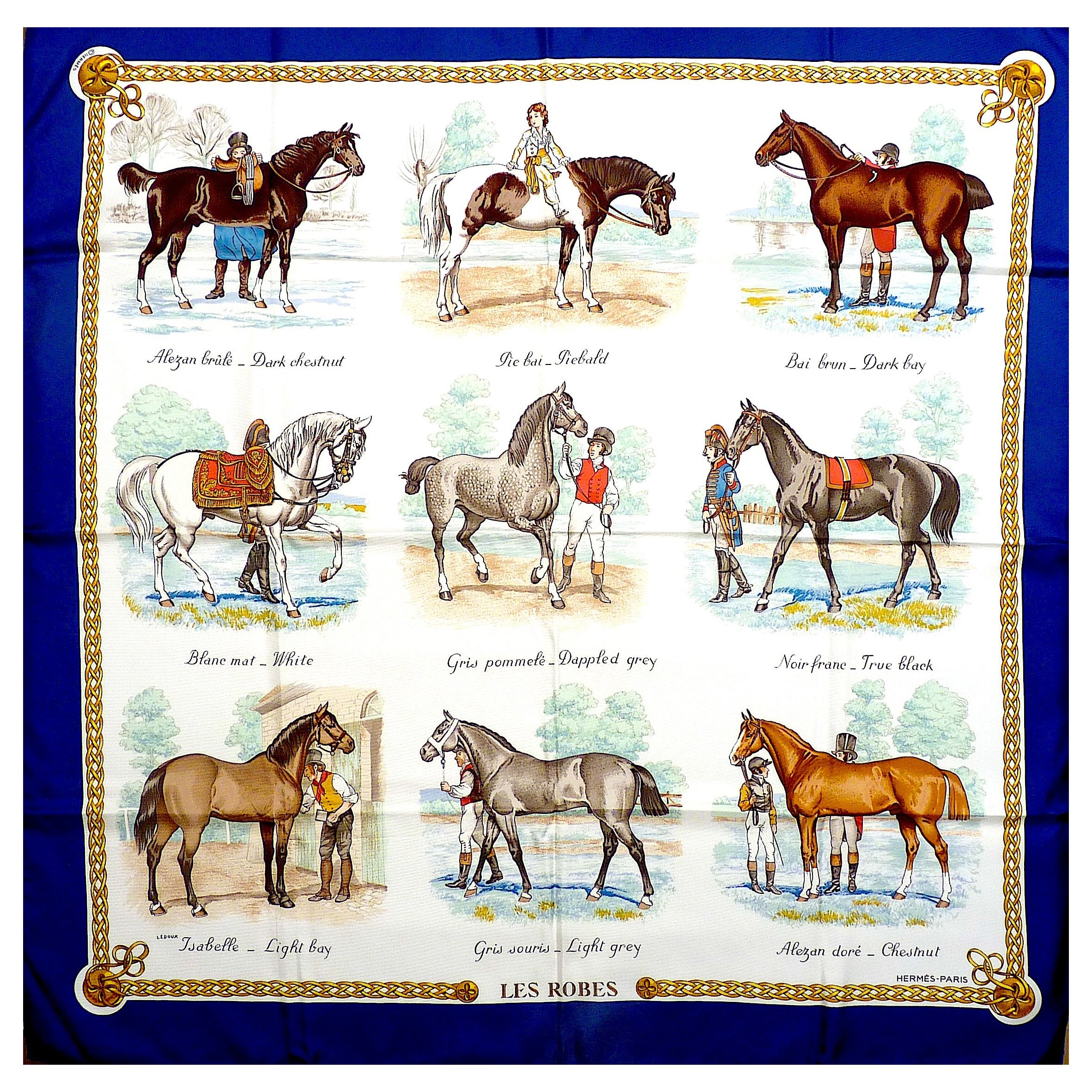 Foulard équestre Hermès 90 cm "Les Robes" avec boîte en excellent état en vente