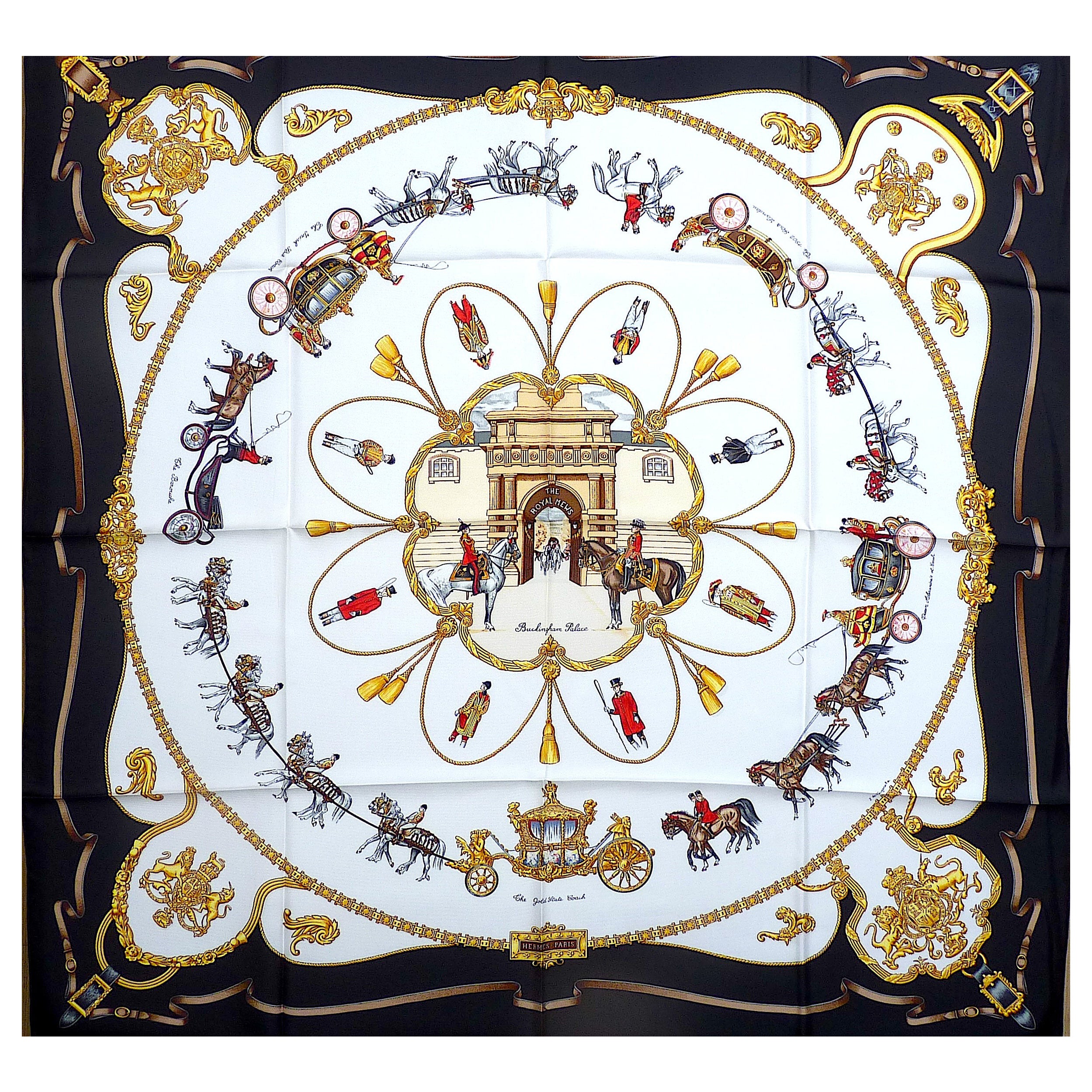 Echarpe équestre Hermès BNIB " The Royal Mews" par Jean de Fougerolle en vente