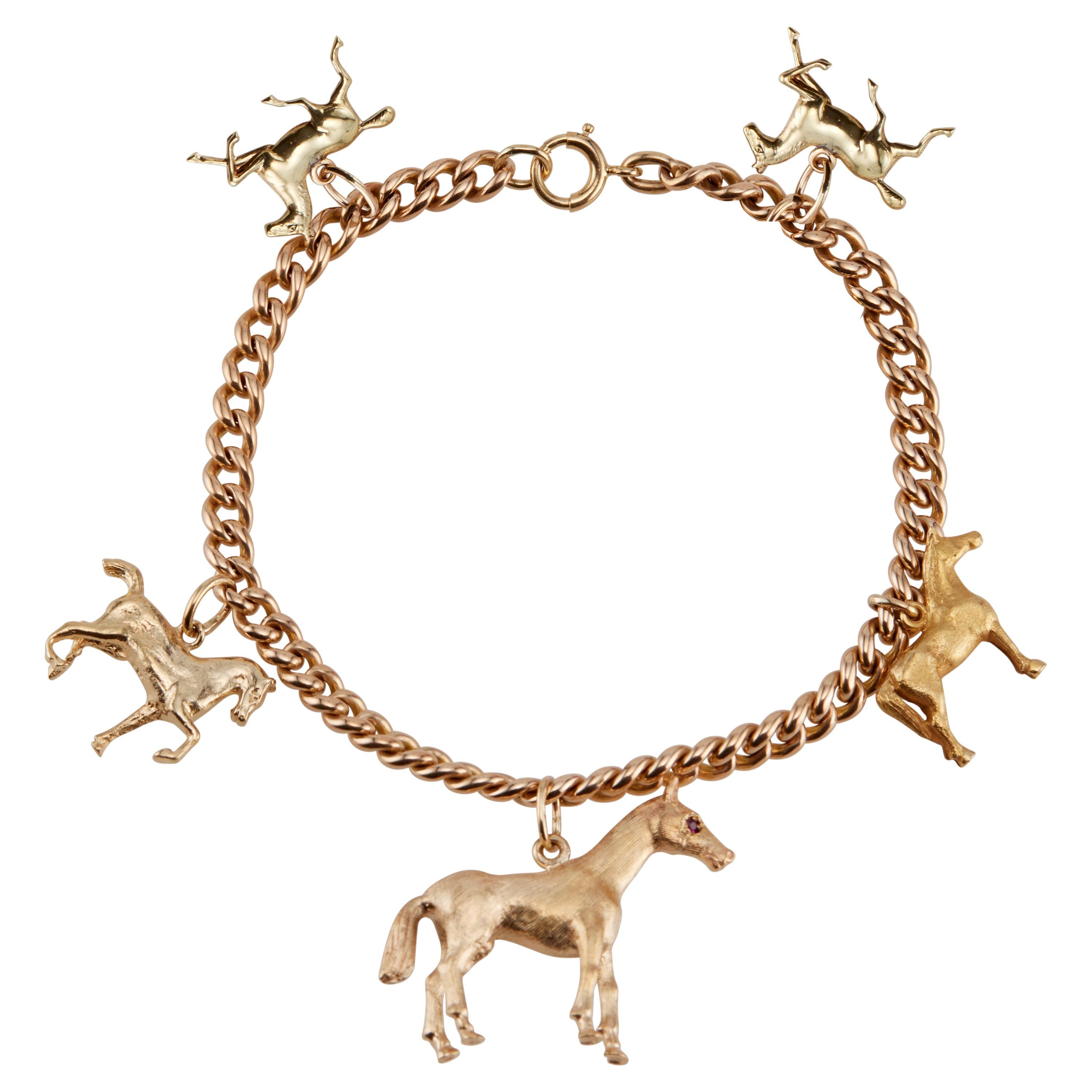 Equestrian Horse Theme Yellow Gold Charm Bracelet