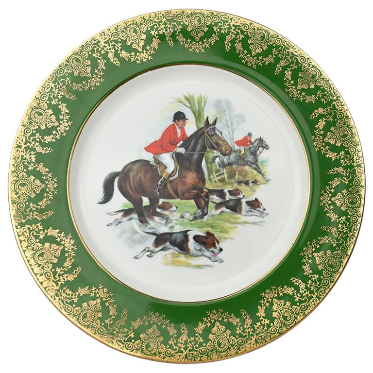 Equestrian Hunting Scene Plate in Green and Gold