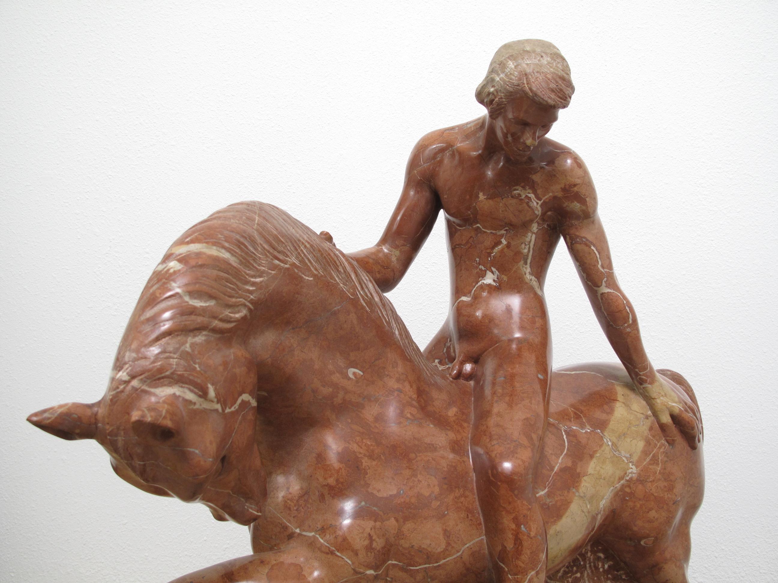 Equestrian Marble Sculpture by Luis Antonio Sanguino in Rosso Alicante Marble For Sale 3