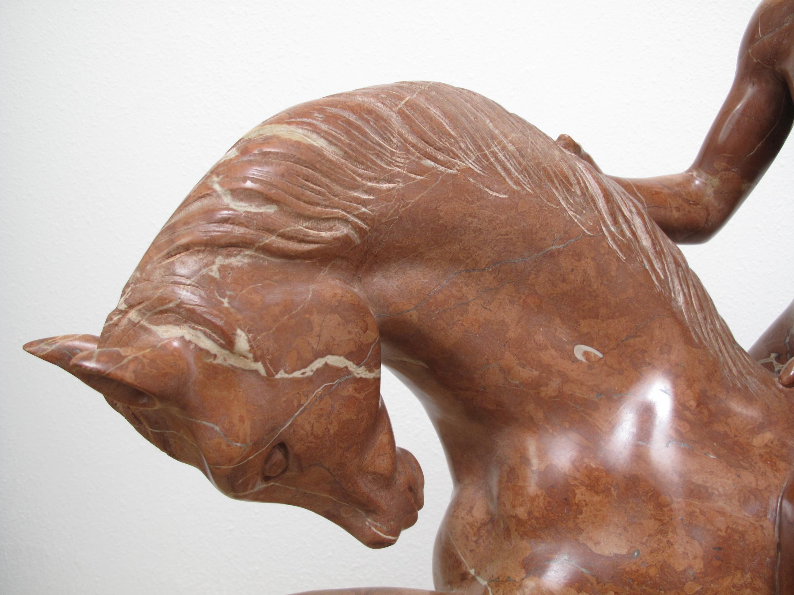 Equestrian Marble Sculpture by Luis Antonio Sanguino in Rosso Alicante Marble For Sale 4