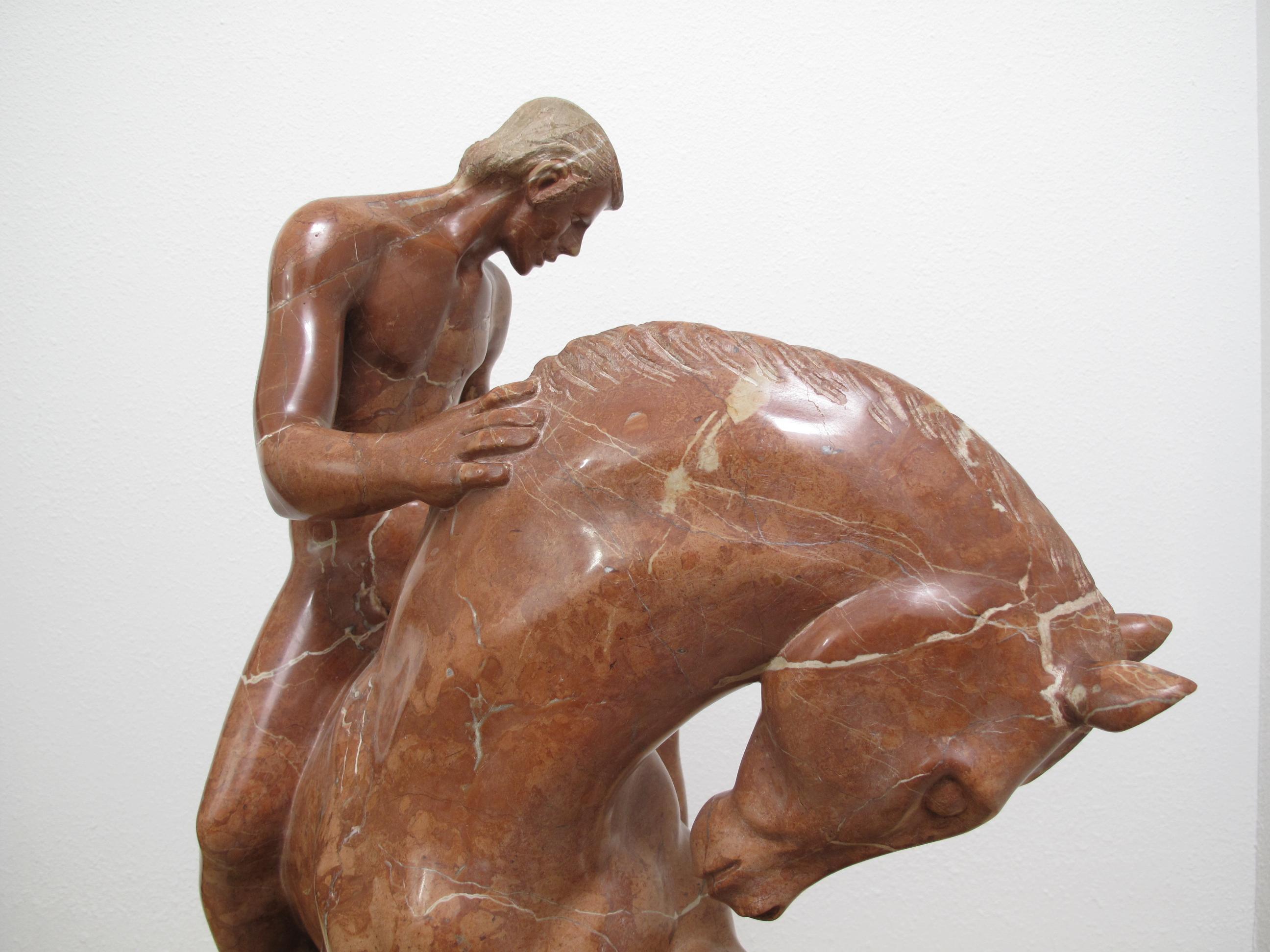 Equestrian Marble Sculpture by Luis Antonio Sanguino in Rosso Alicante Marble For Sale 7