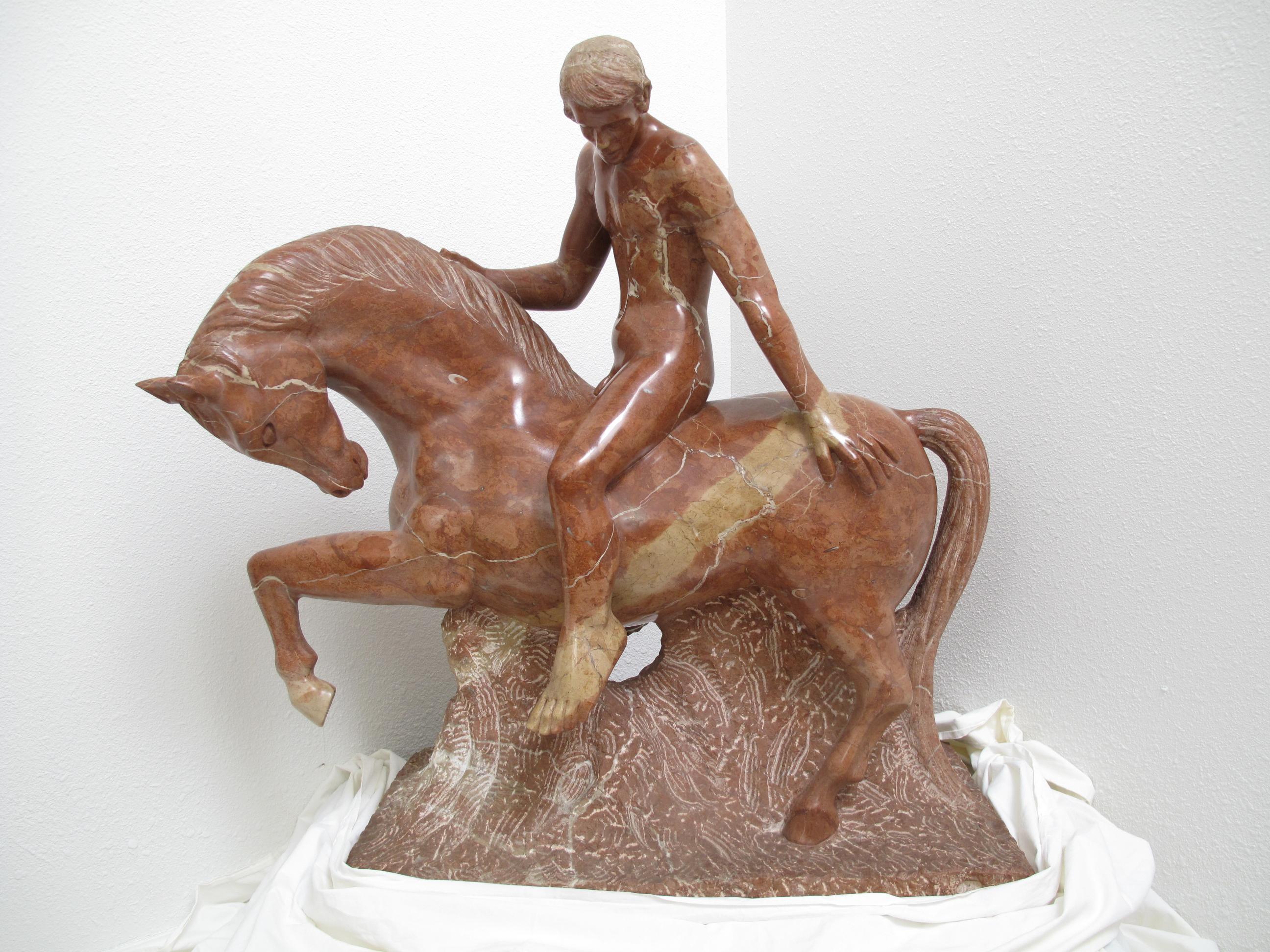 Equestrian Marble Sculpture by Luis Antonio Sanguino in Rosso Alicante Marble For Sale 8