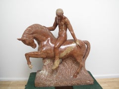Equestrian Marble Sculpture by Luis Antonio Sanguino in Rosso Alicante Marble