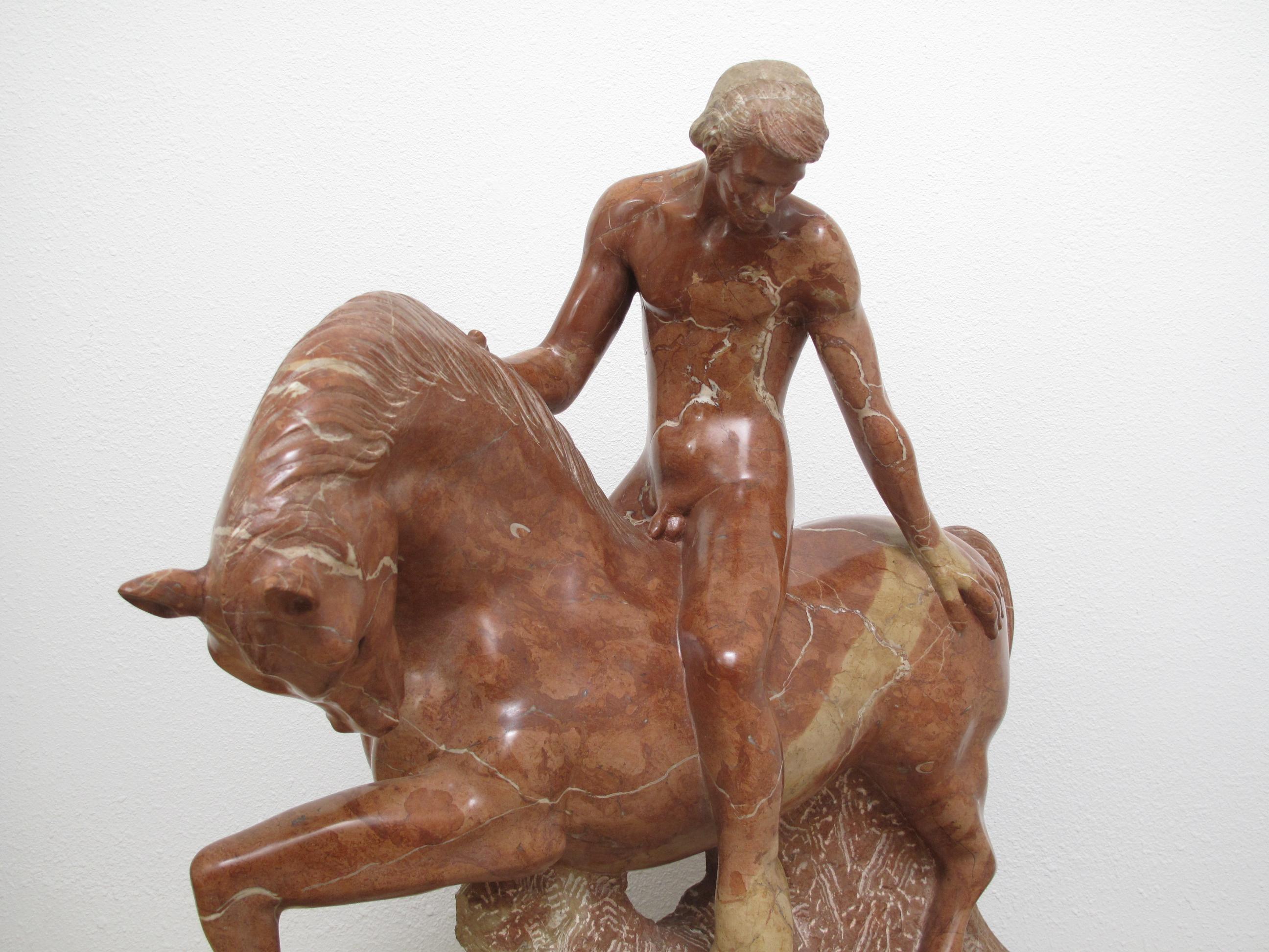 Spanish Equestrian Marble Sculpture by Luis Antonio Sanguino in Rosso Alicante Marble For Sale