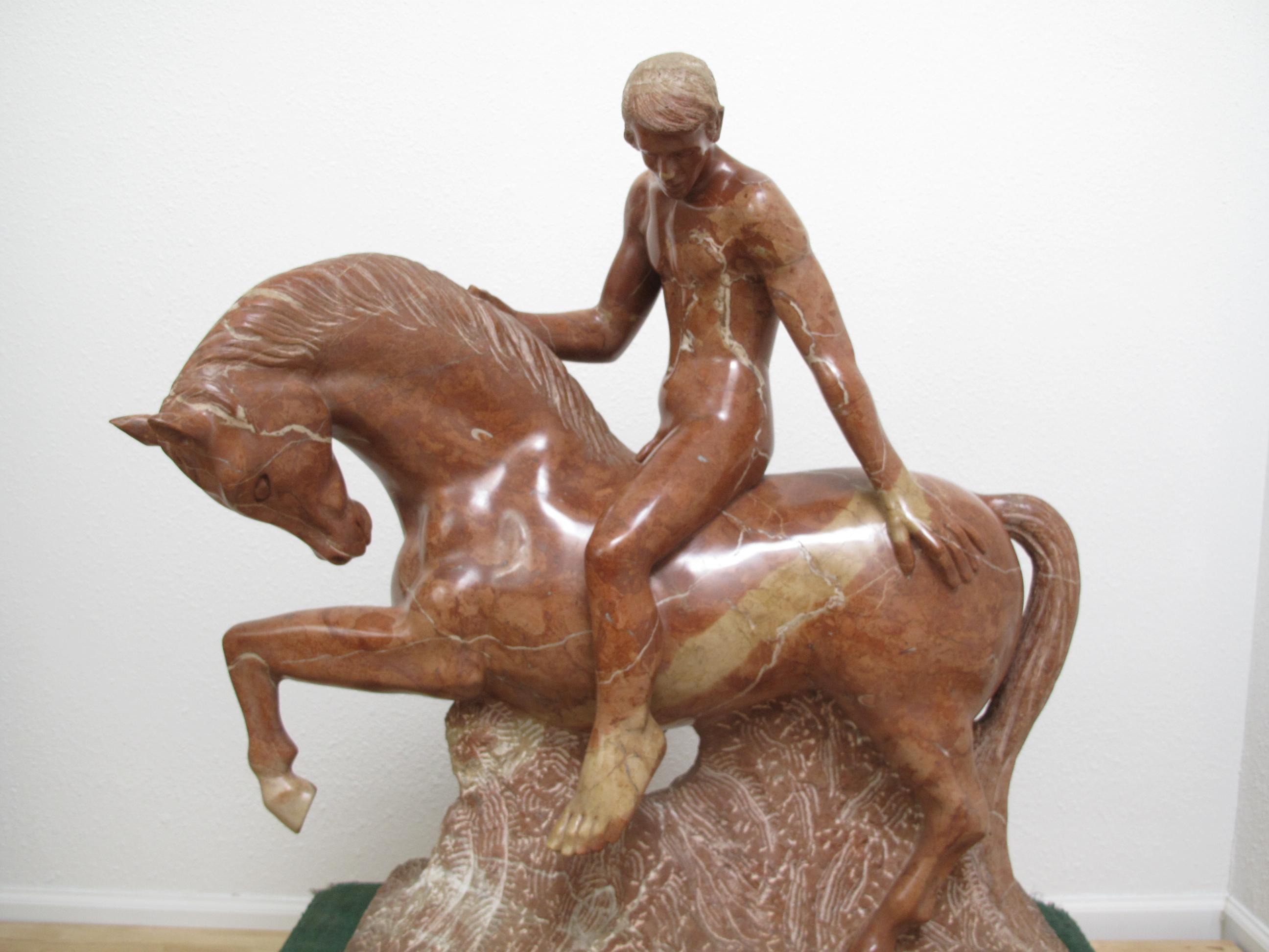 Equestrian Marble Sculpture by Luis Antonio Sanguino in Rosso Alicante Marble In Good Condition For Sale In Portland, OR