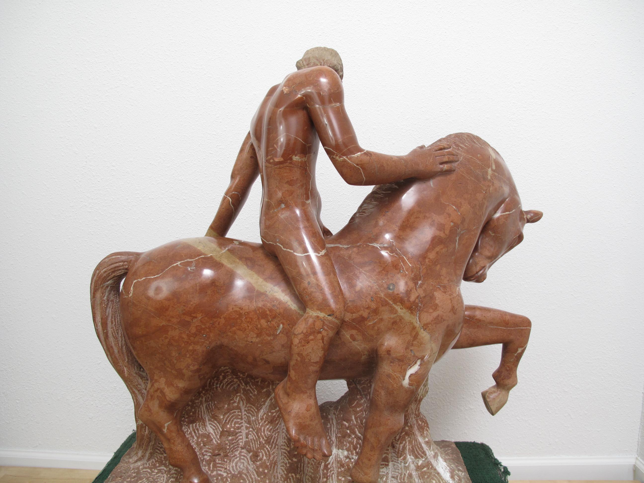 Equestrian Marble Sculpture by Luis Antonio Sanguino in Rosso Alicante Marble For Sale 1