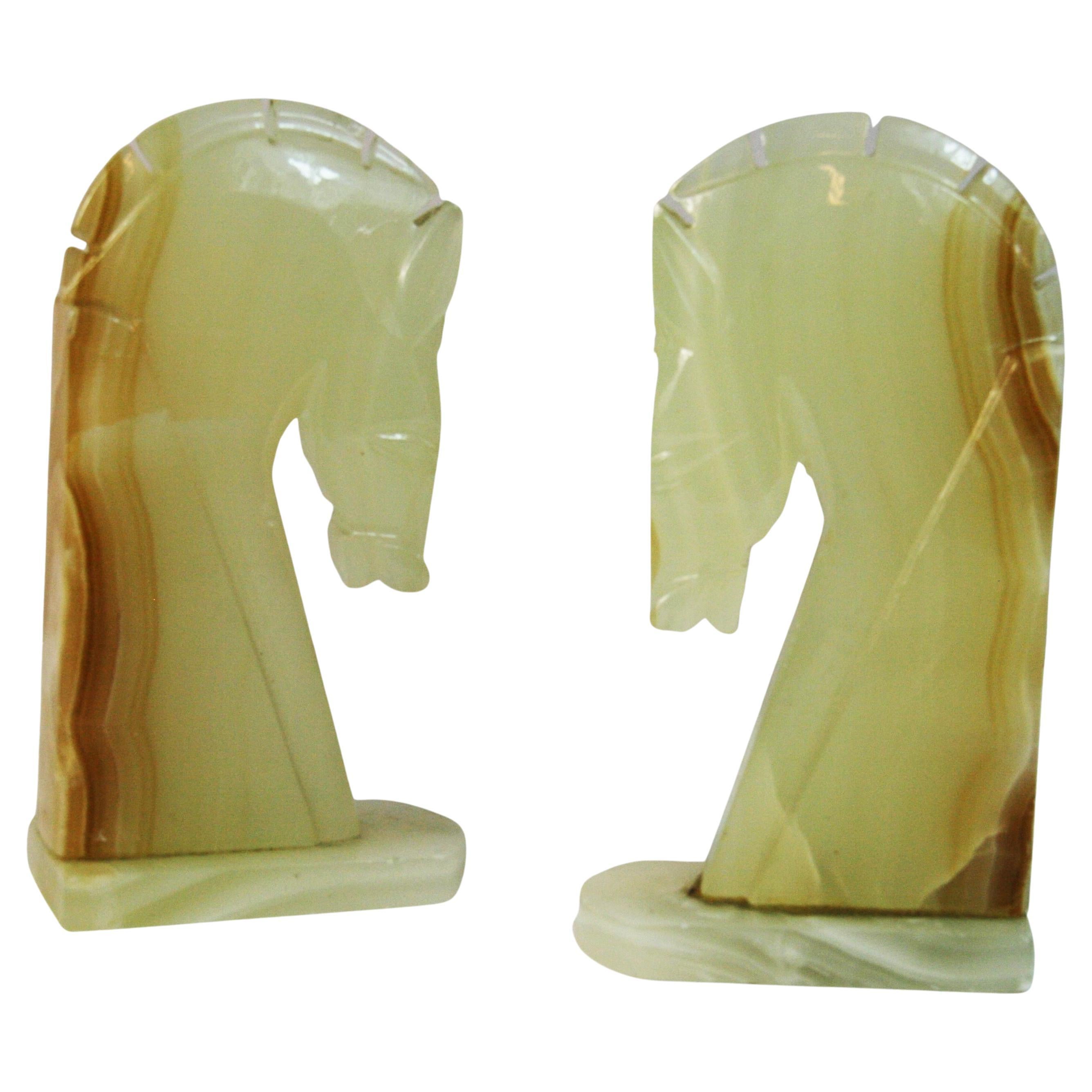 Equestrian Oversized Pair Onyx Sculptures/Bookends For Sale
