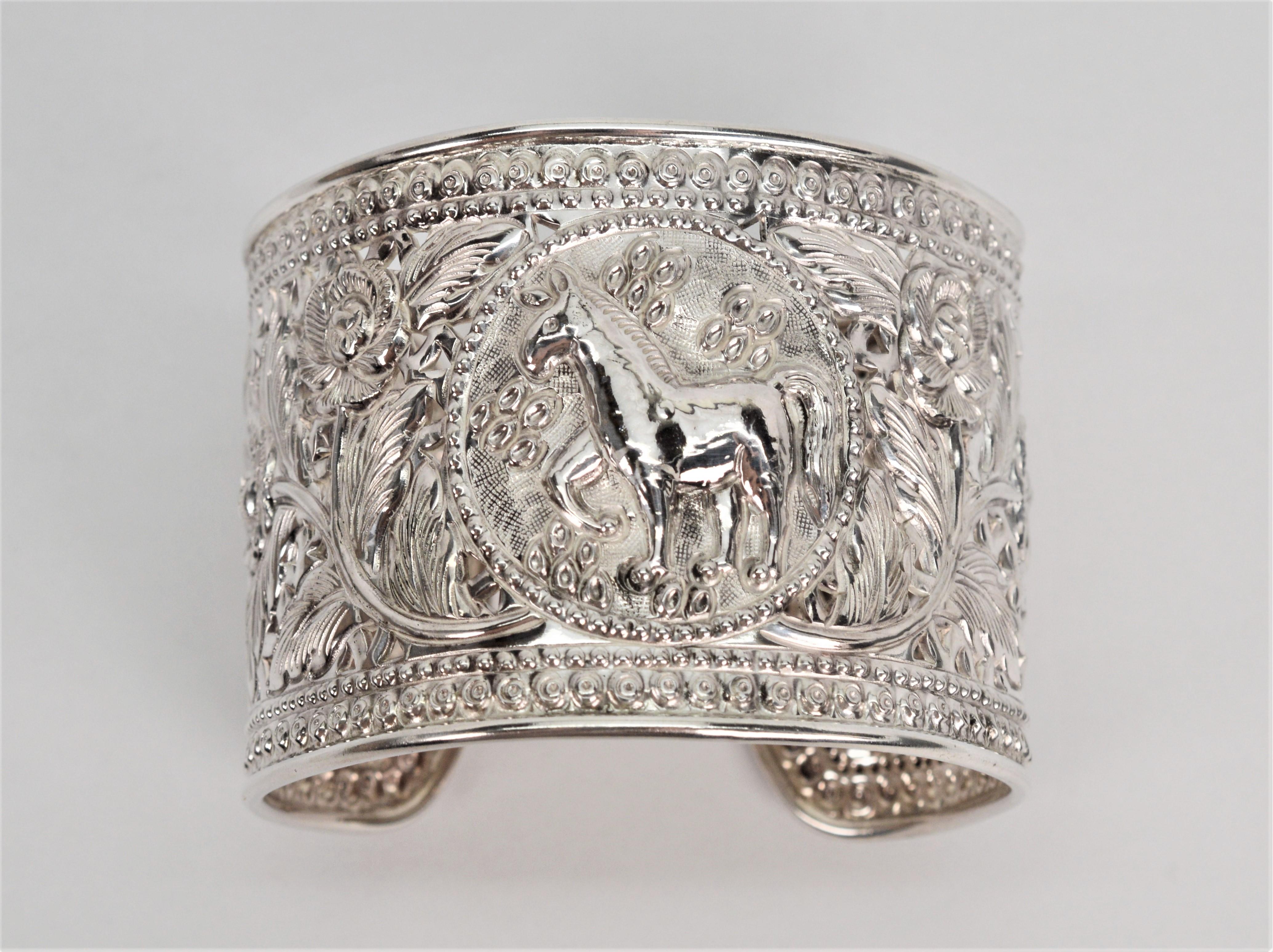 Equestrian Rose Sterling Silver Wide Cuff Bracelet 6