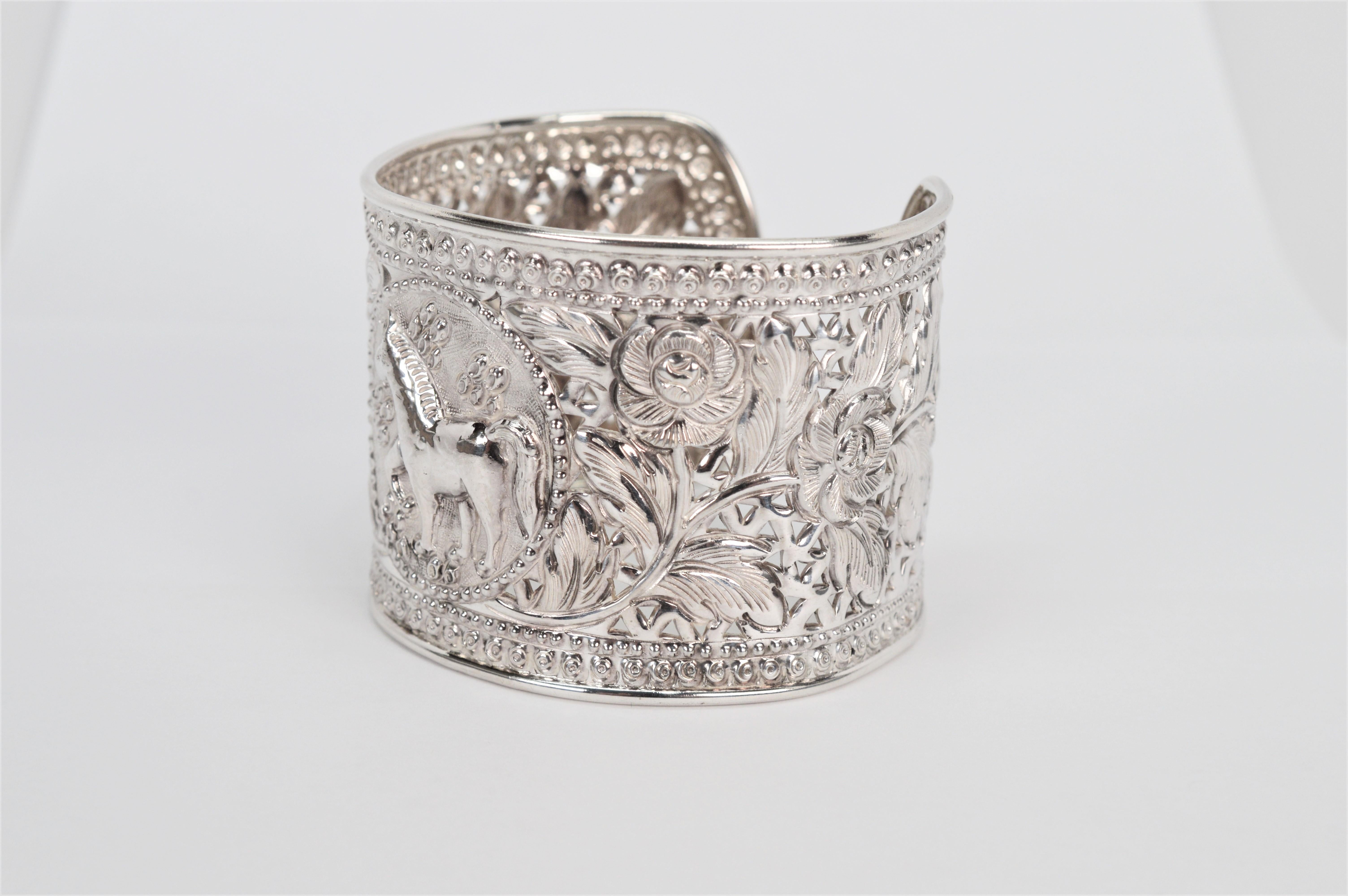 Equestrian Rose Sterling Silver Wide Cuff Bracelet In Good Condition In Mount Kisco, NY