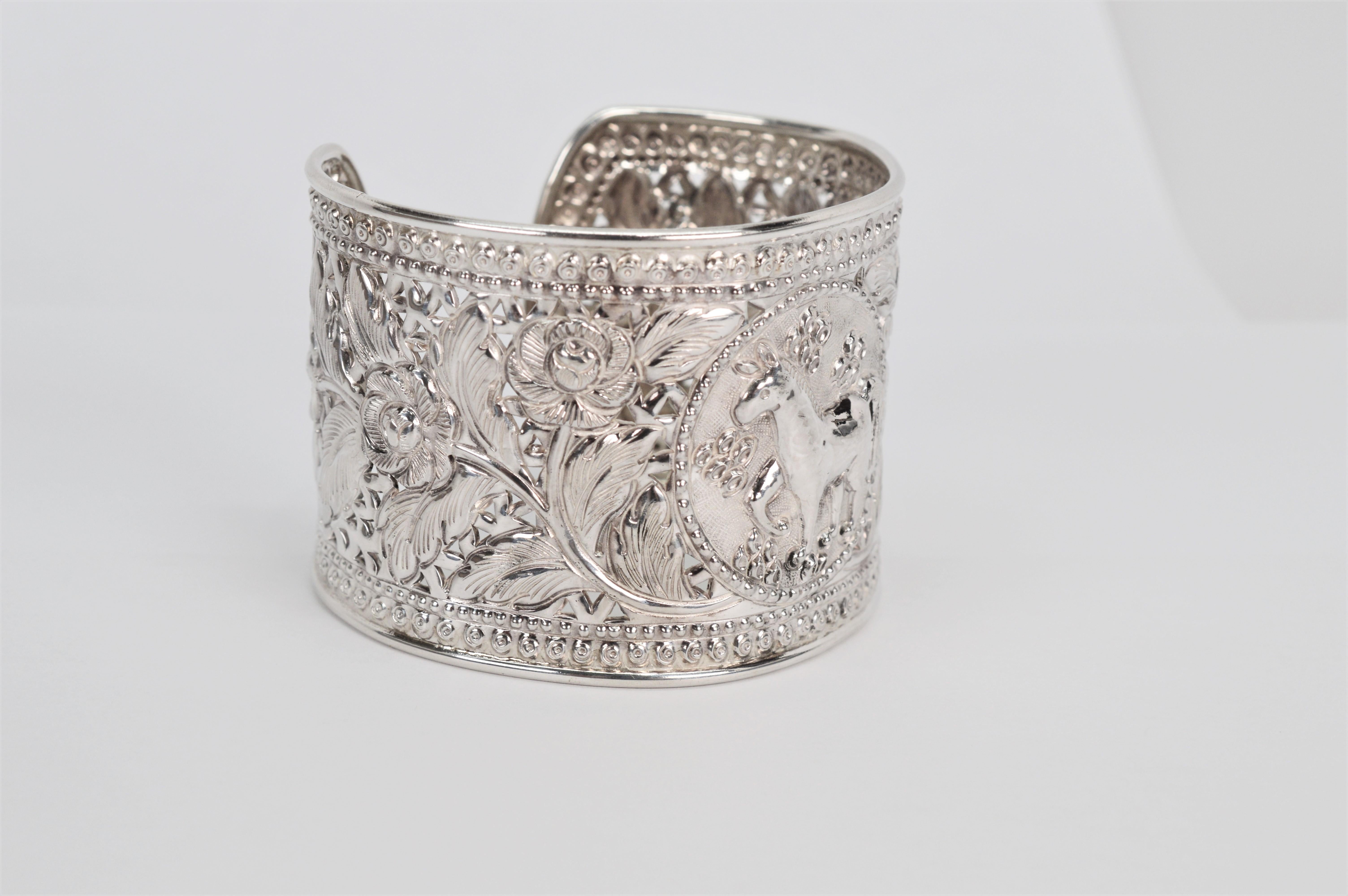 Women's Equestrian Rose Sterling Silver Wide Cuff Bracelet