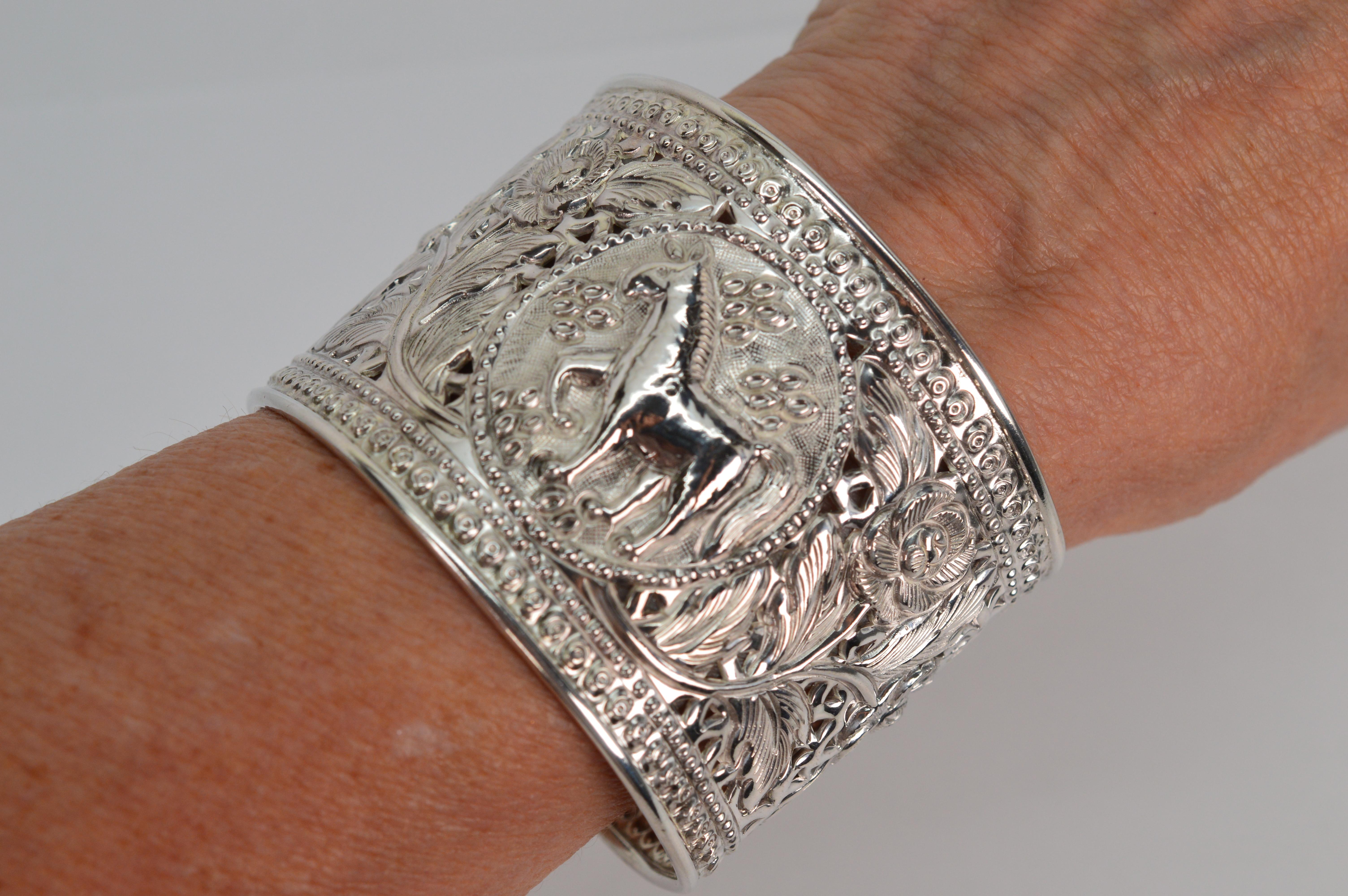 Equestrian Rose Sterling Silver Wide Cuff Bracelet 3