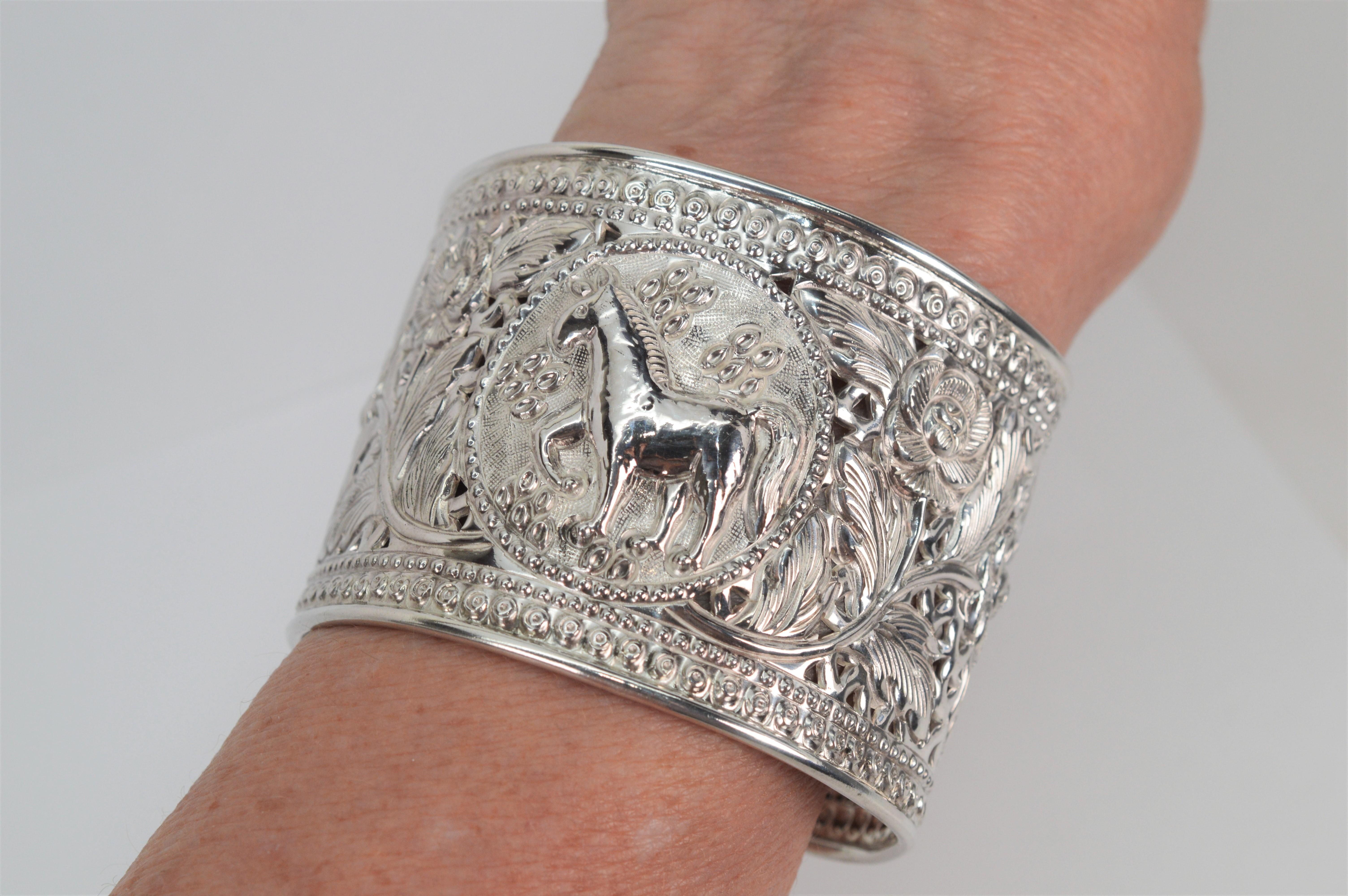 Equestrian Rose Sterling Silver Wide Cuff Bracelet 4