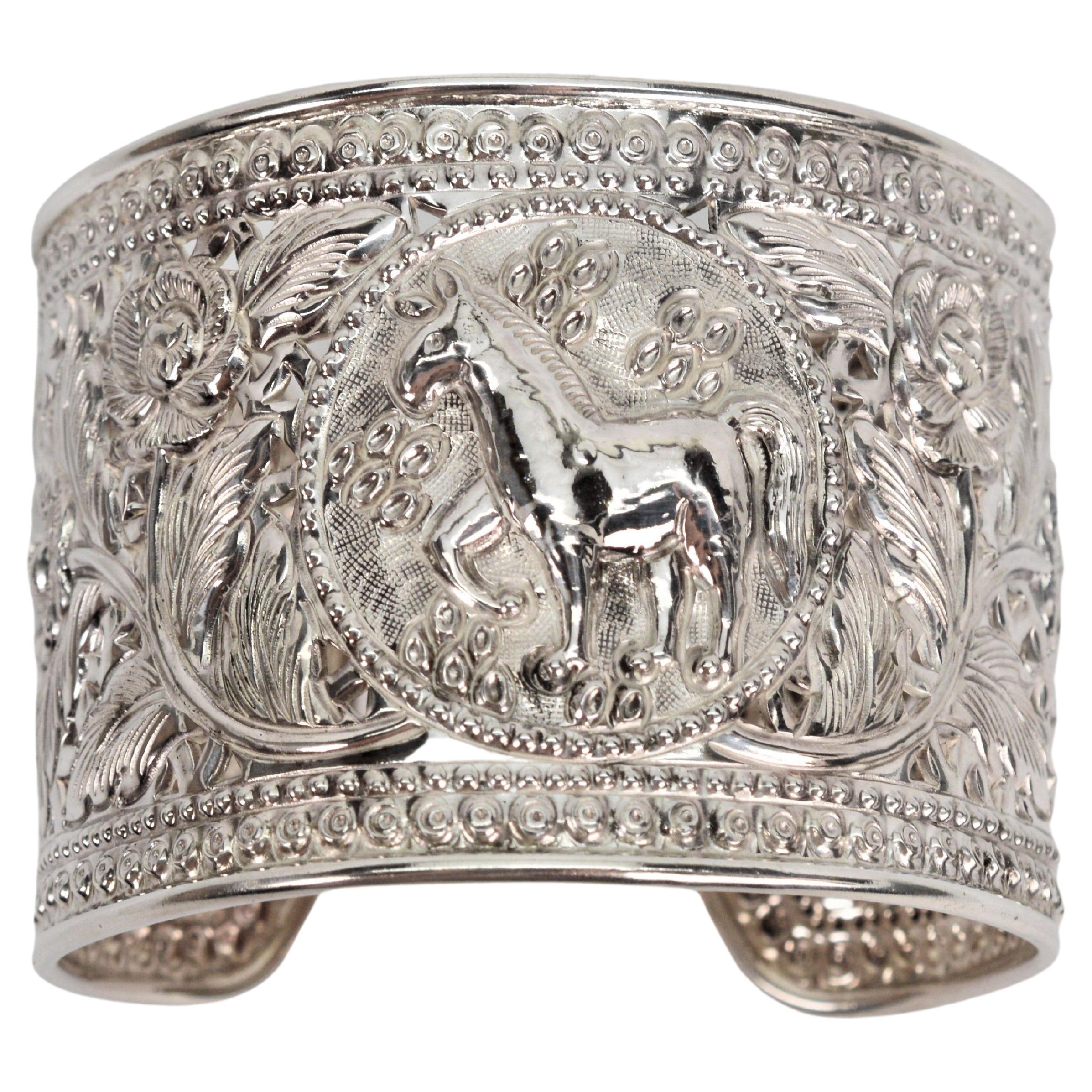 Equestrian Rose Sterling Silver Wide Cuff Bracelet