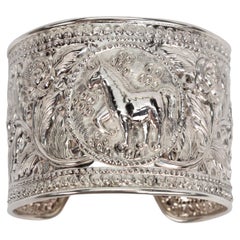 Vintage Equestrian Rose Sterling Silver Wide Cuff Bracelet