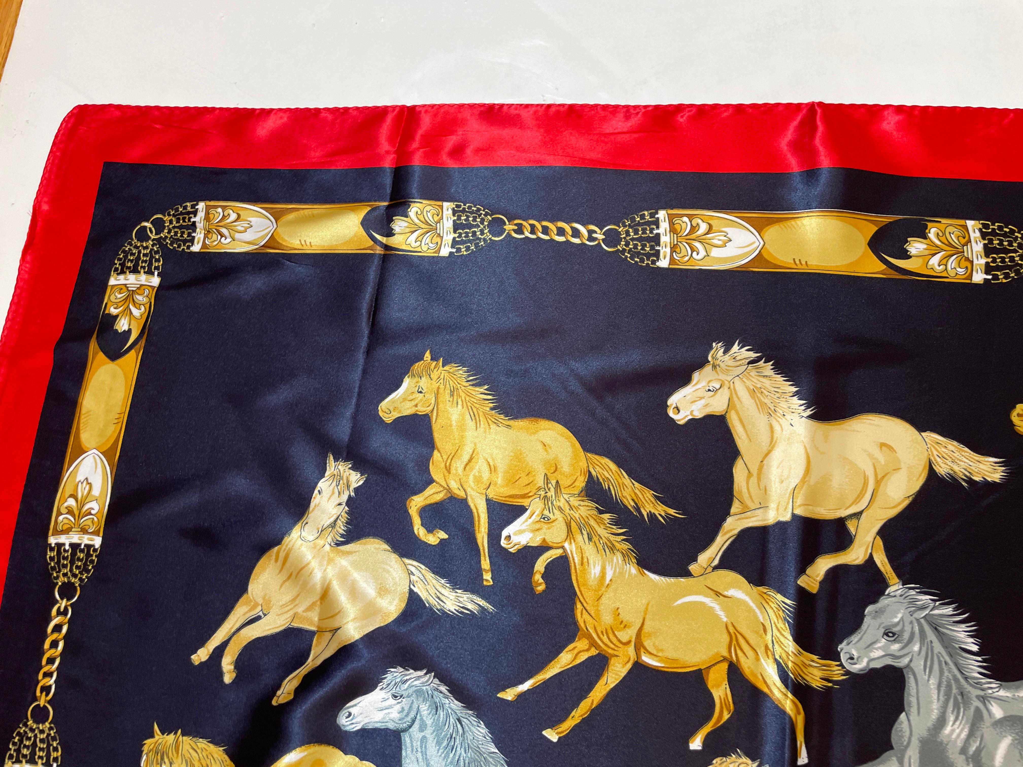 Equestrian Scarf with Wild Mustangs Horses Running Blue Red Gold For Sale 6