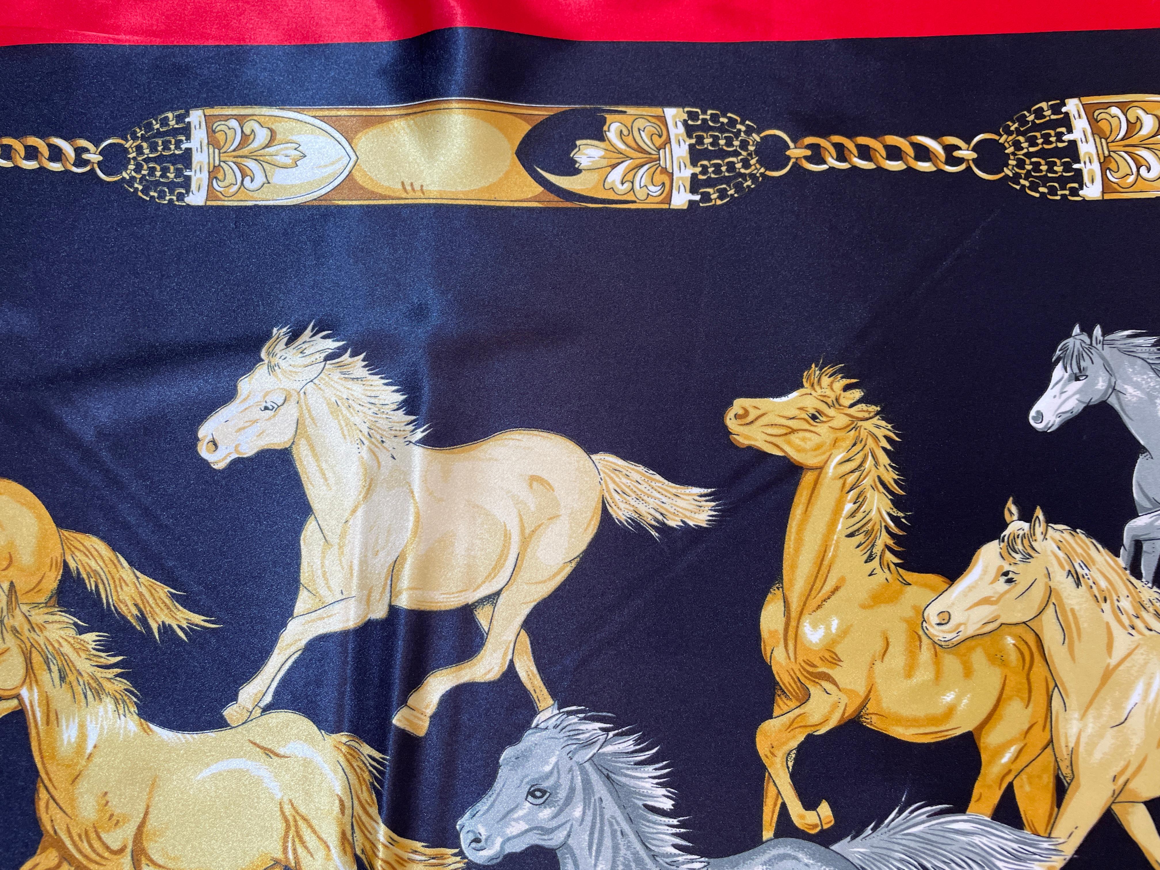 Equestrian Scarf with Wild Mustangs Horses Running Blue Red Gold For Sale 7