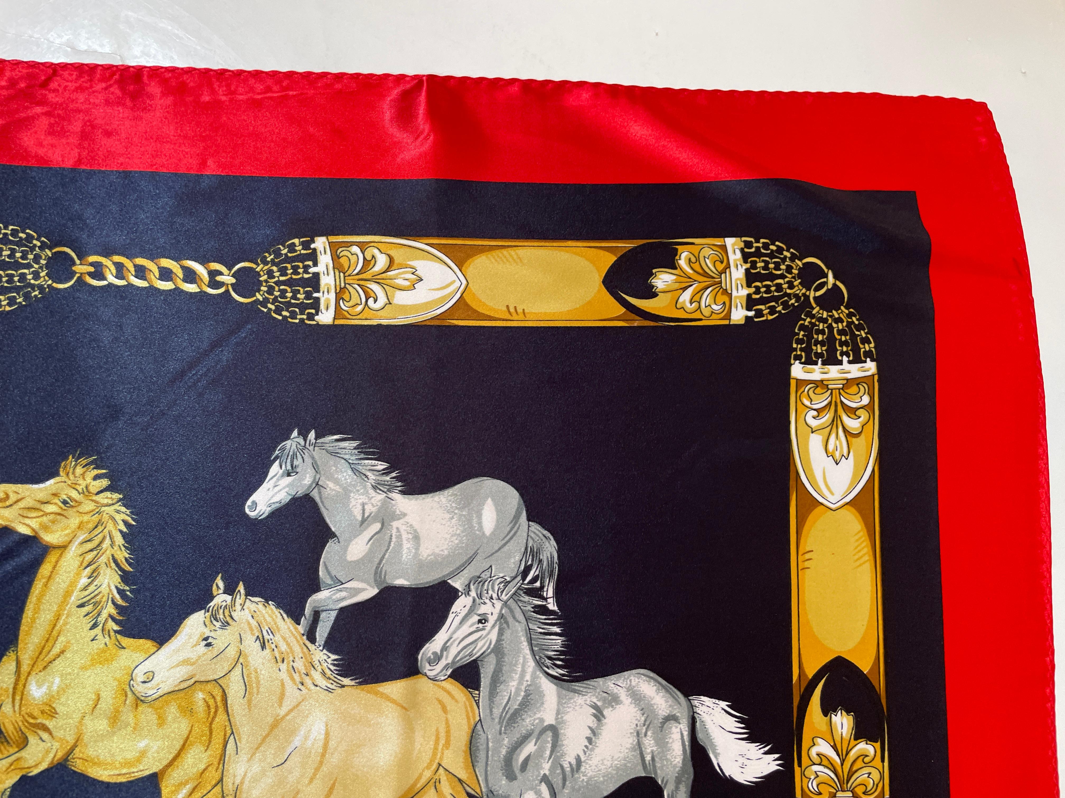 Equestrian Scarf with Wild Mustangs Horses Running Blue Red Gold For Sale 8