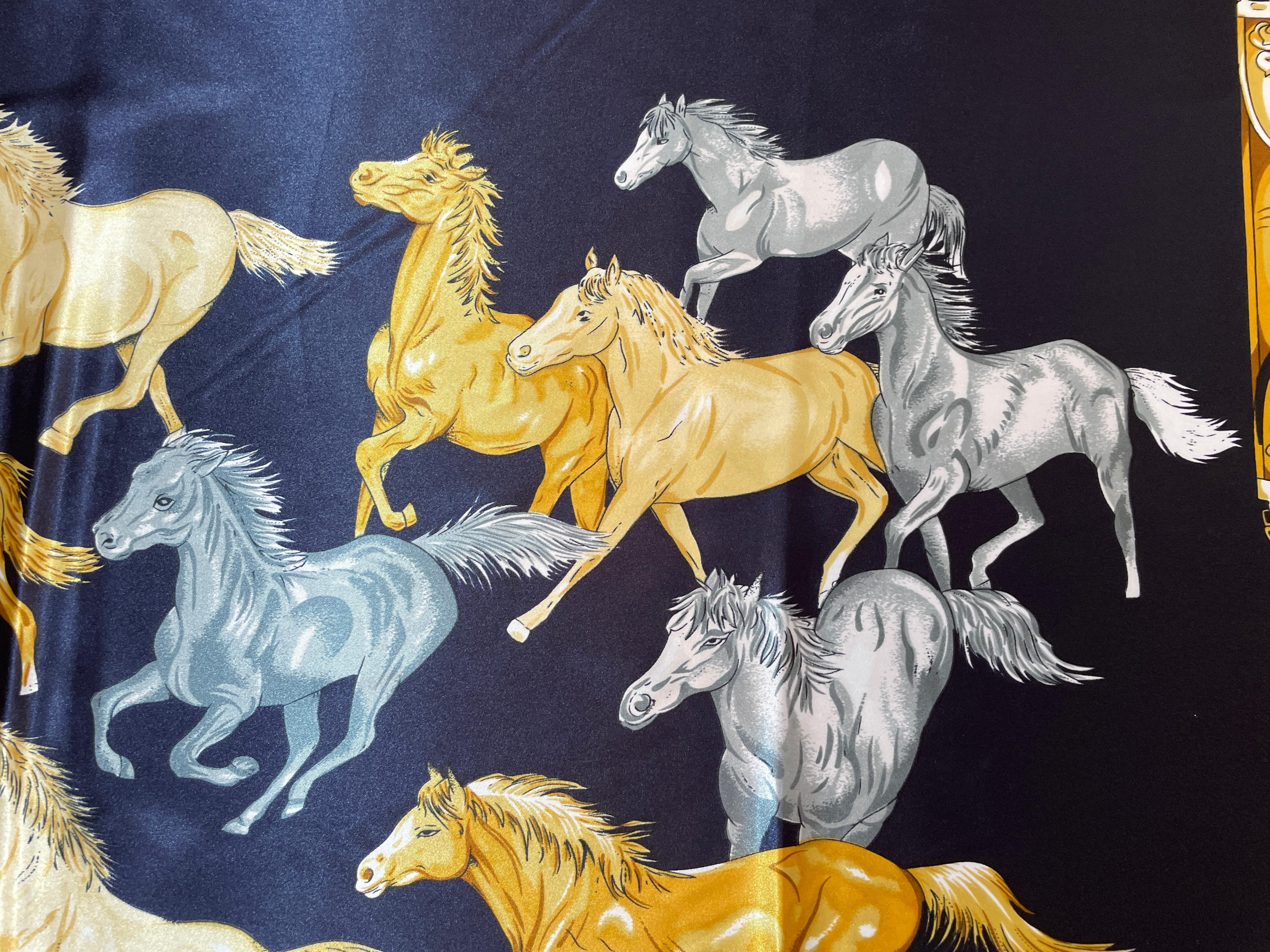 Equestrian Scarf with Wild Mustangs Horses Running Blue Red Gold For Sale 9