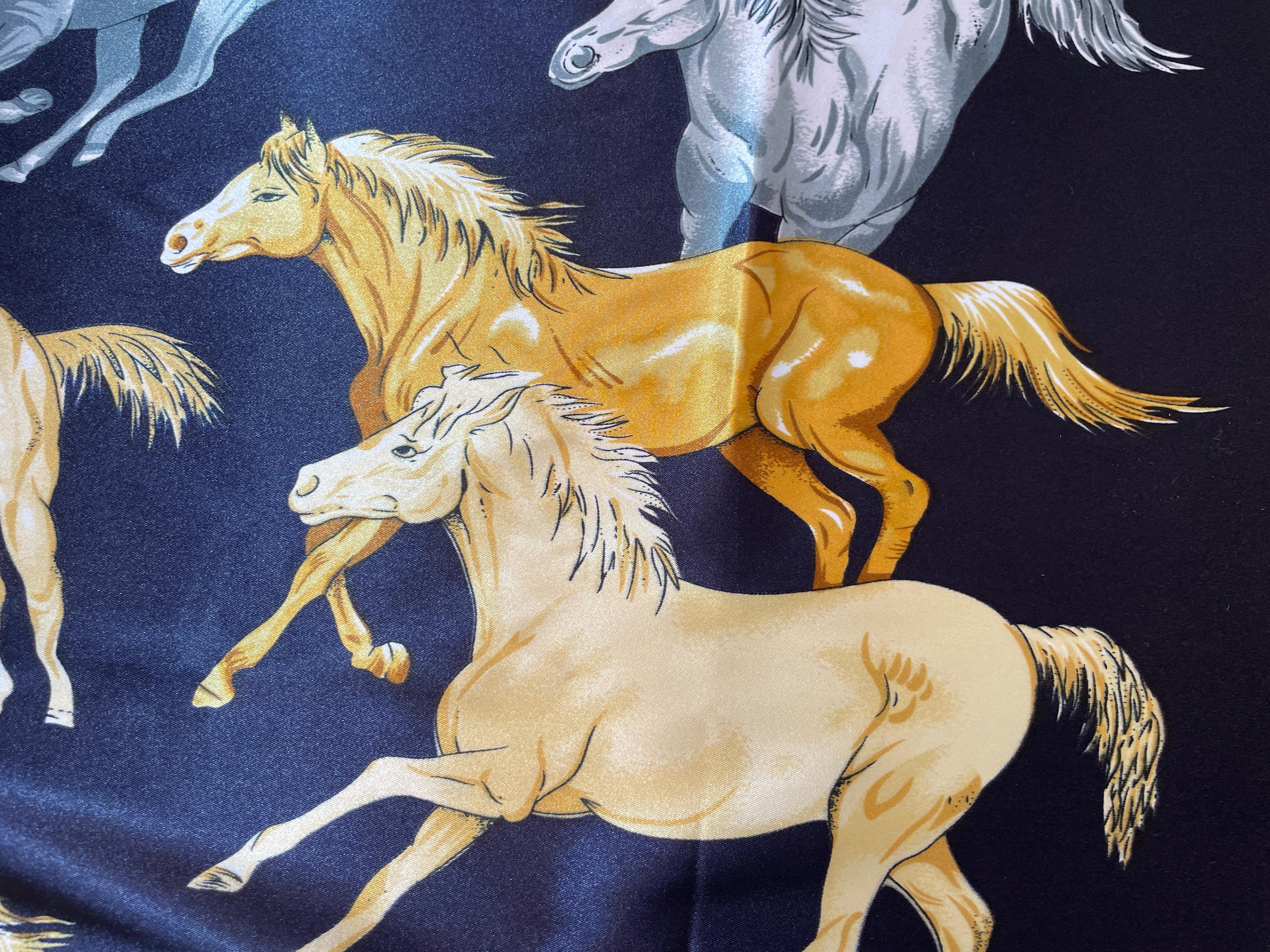Equestrian Scarf with Wild Mustangs Horses Running Blue Red Gold For Sale 10