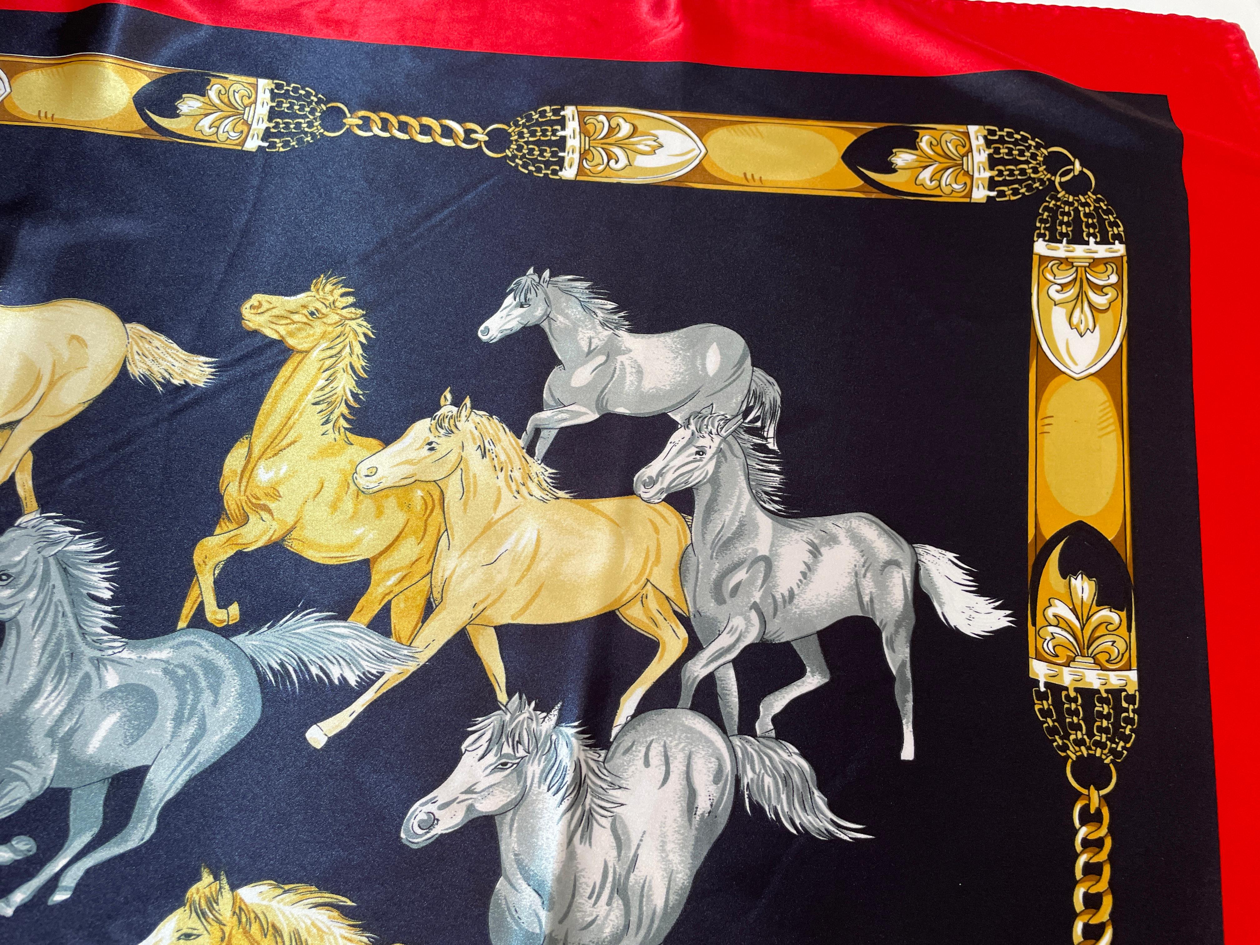 Equestrian Scarf with Wild Mustangs Horses Running Blue Red Gold For Sale 11