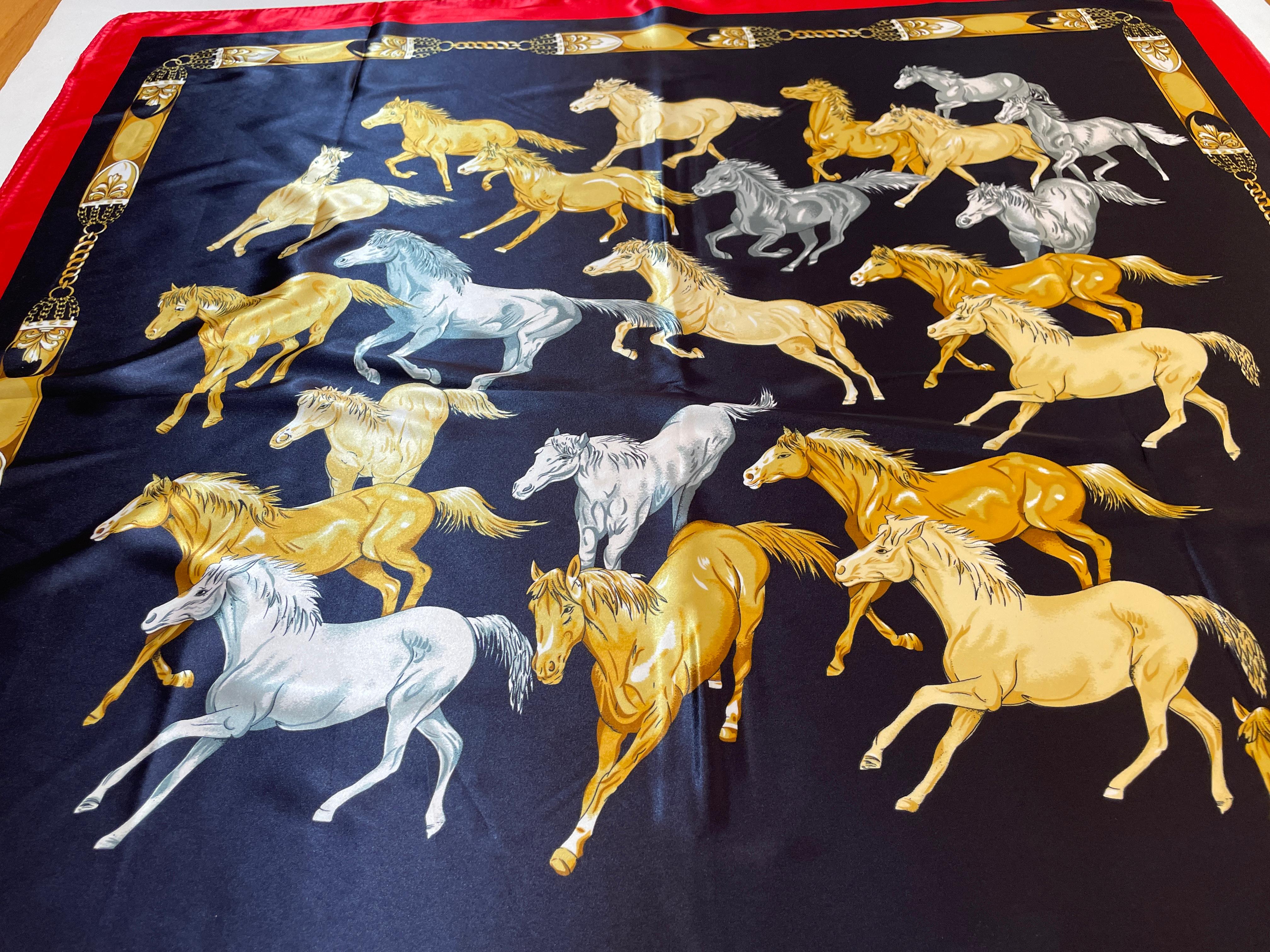 Equestrian Scarf with Wild Mustangs Horses Running Blue Red Gold For Sale 14