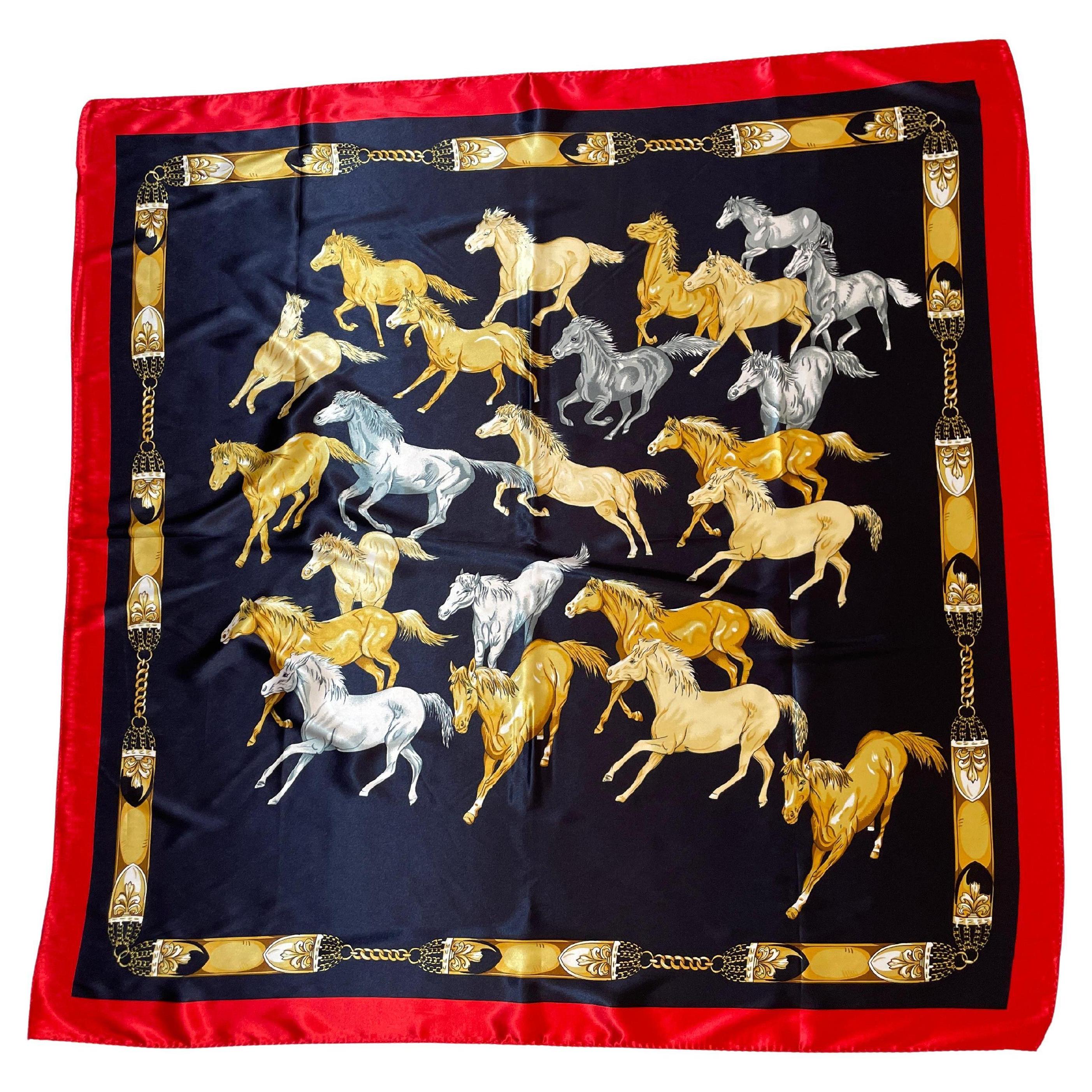 Equestrian Scarf with Wild Mustangs Horses Running Blue Red Gold In Good Condition For Sale In North Hollywood, CA