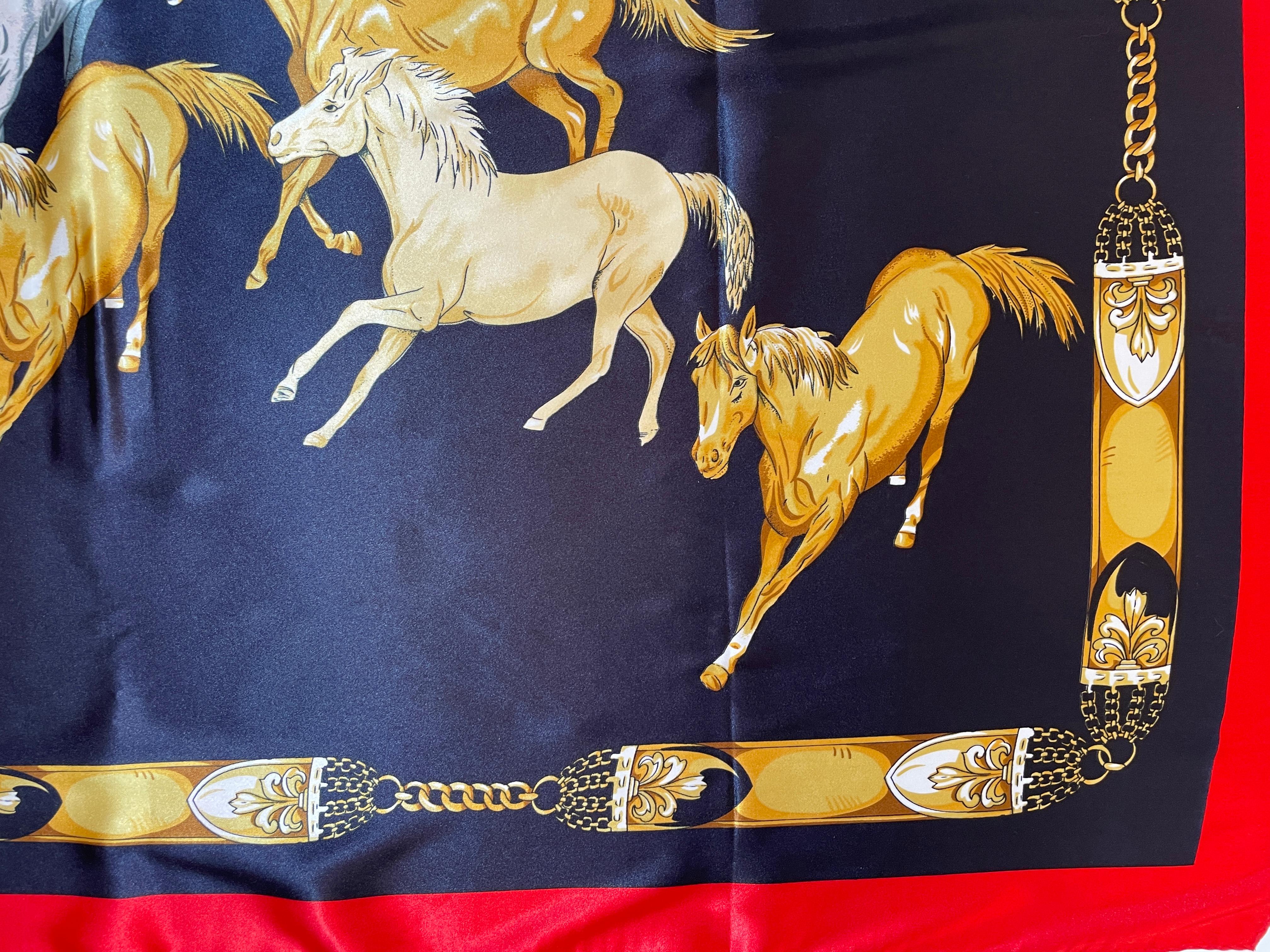 Women's or Men's Equestrian Scarf with Wild Mustangs Horses Running Blue Red Gold For Sale
