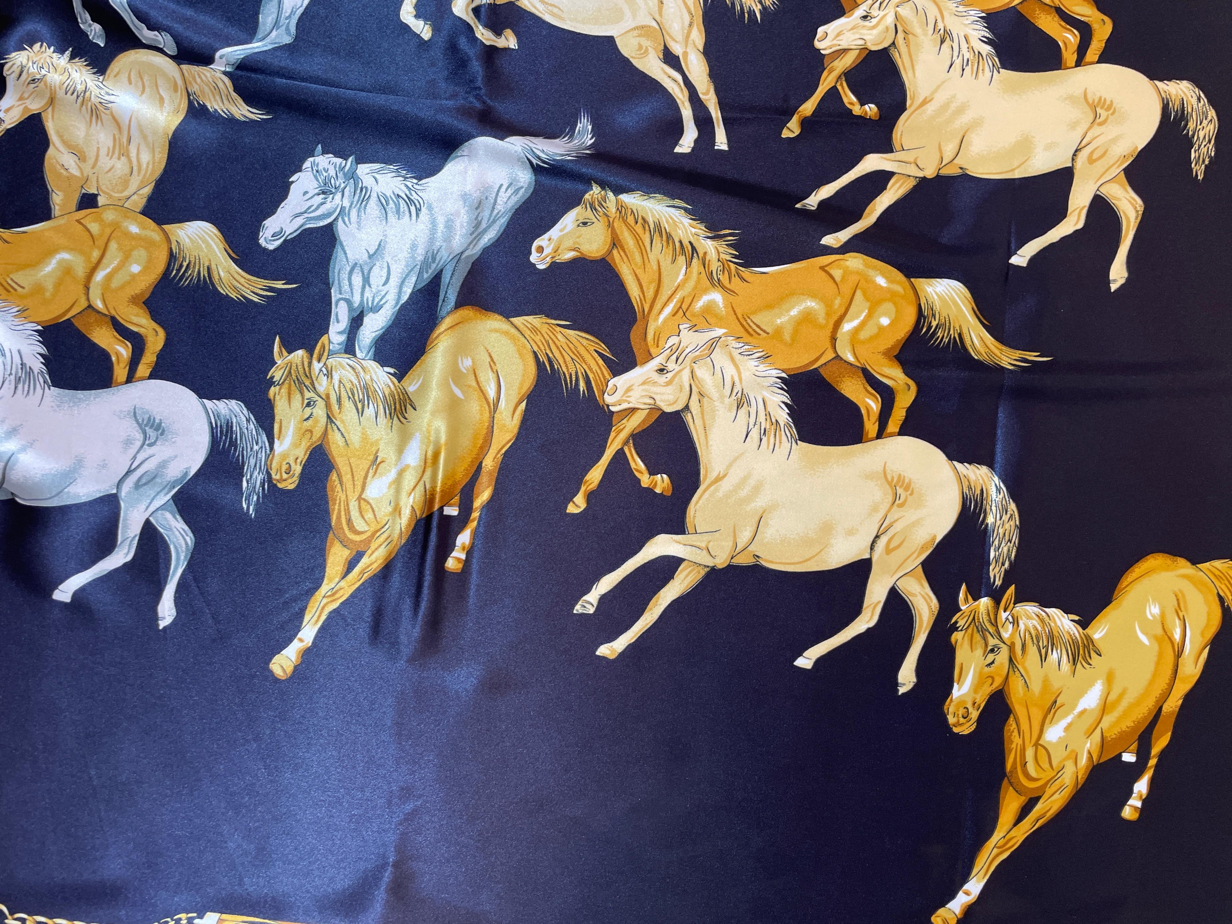 Equestrian Scarf with Wild Mustangs Horses Running Blue Red Gold For Sale 1