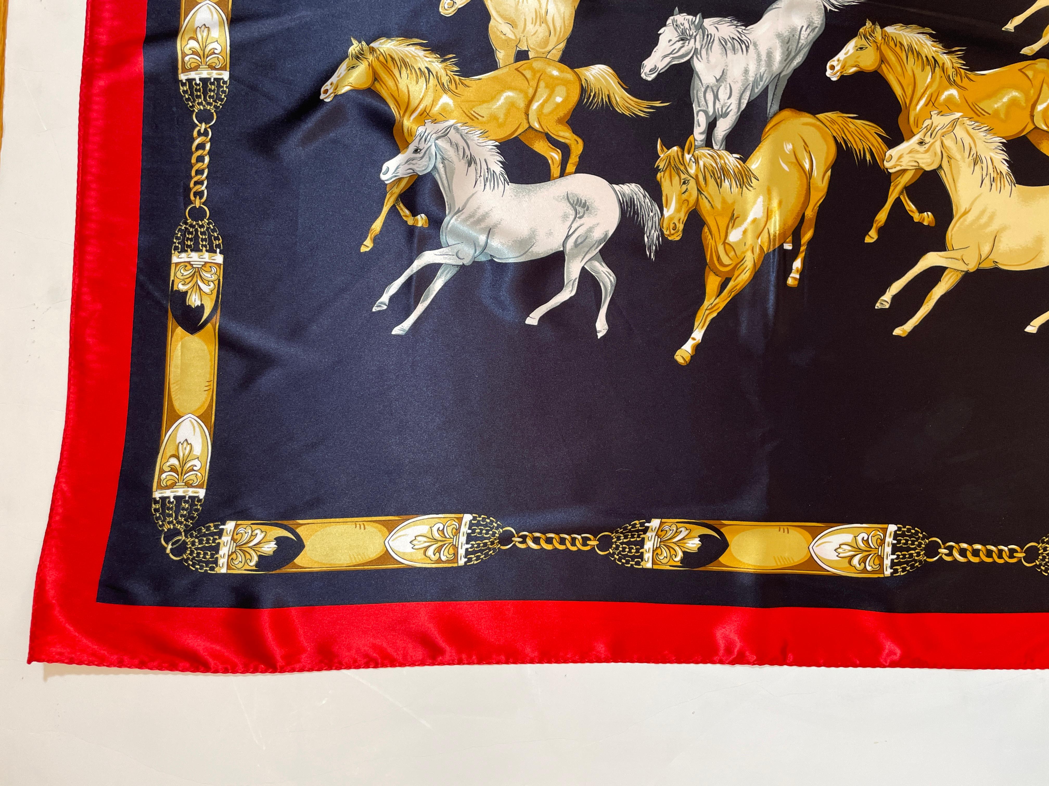 Equestrian Scarf with Wild Mustangs Horses Running Blue Red Gold For Sale 2
