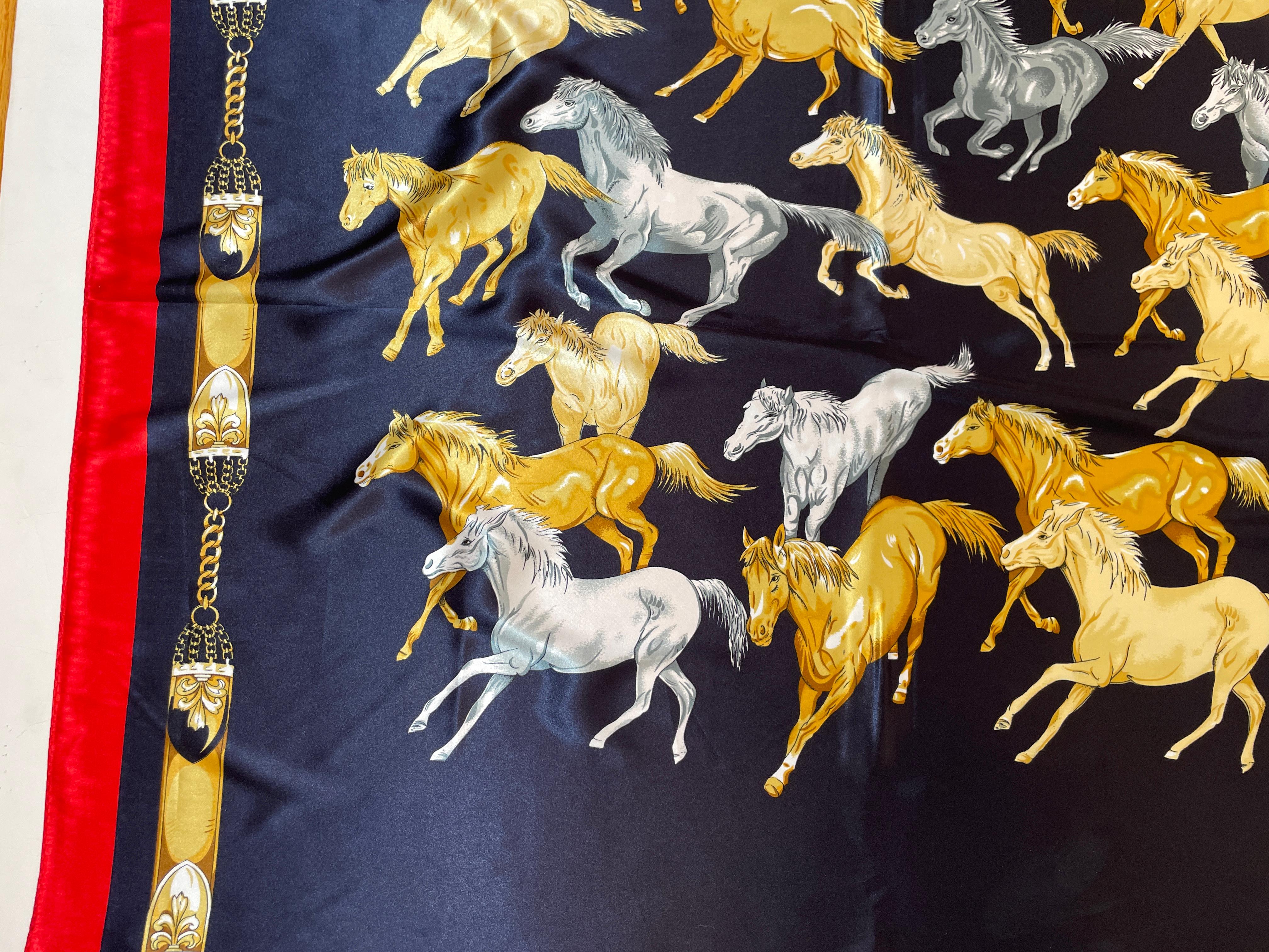 Equestrian Scarf with Wild Mustangs Horses Running Blue Red Gold For Sale 3