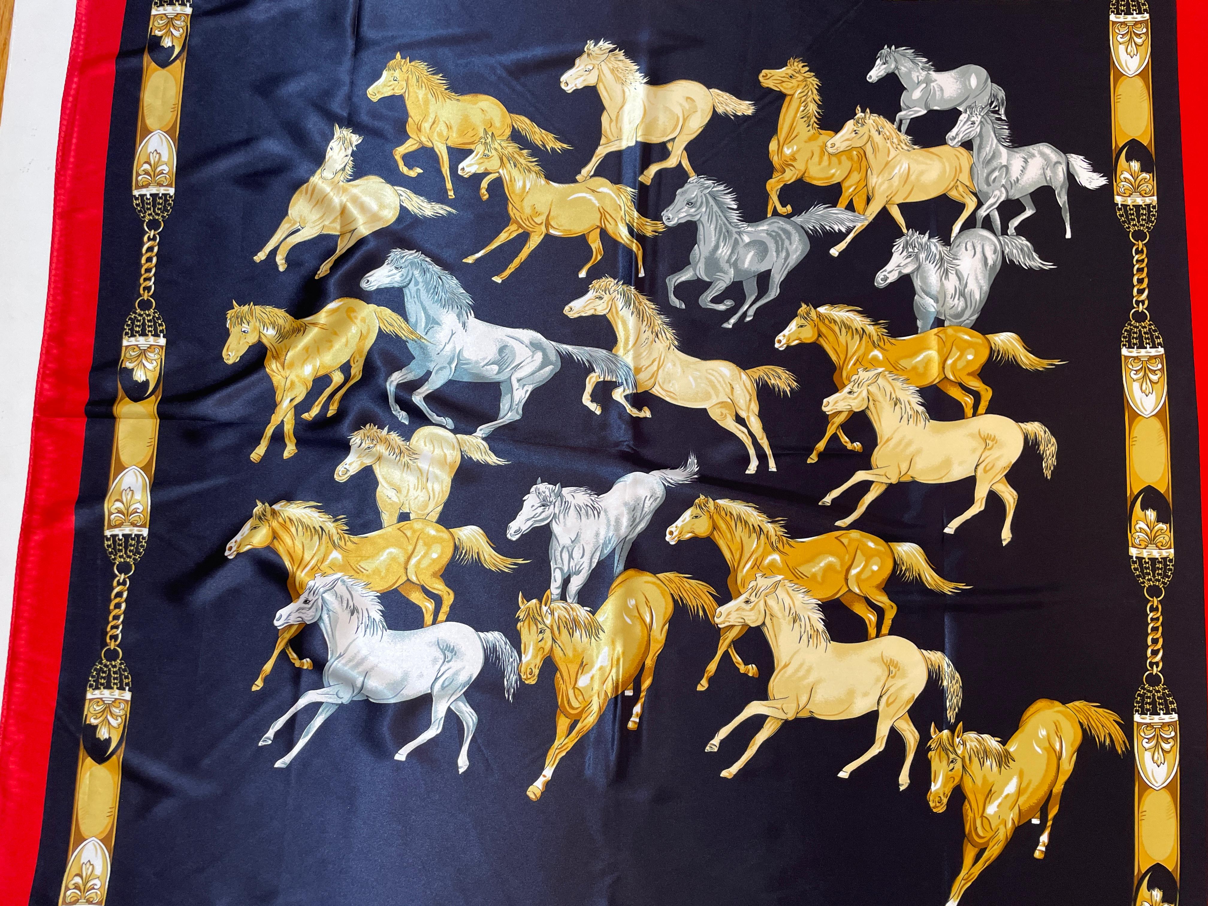 Equestrian Scarf with Wild Mustangs Horses Running Blue Red Gold For Sale 4