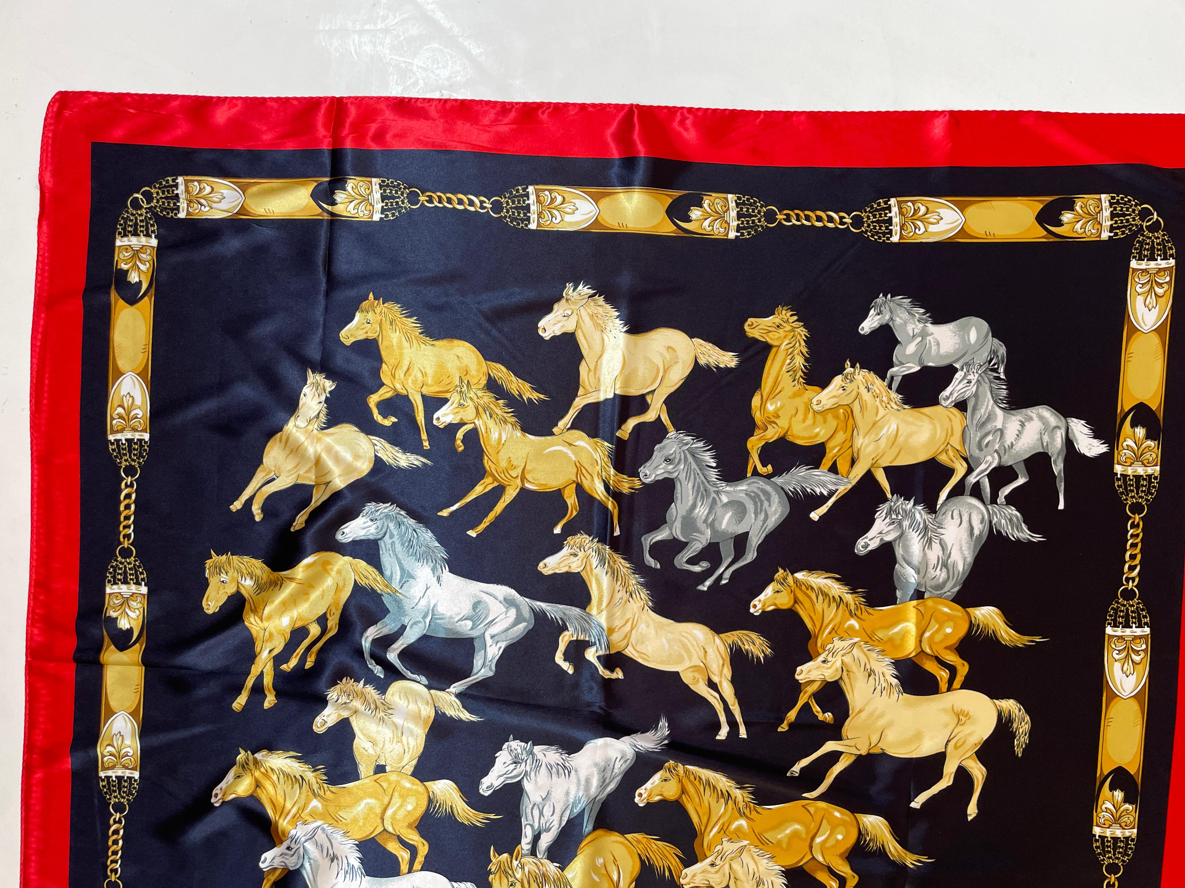 Equestrian Scarf with Wild Mustangs Horses Running Blue Red Gold For Sale 5