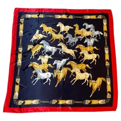Vintage Equestrian Scarf with Wild Mustangs Horses Running Blue Red Gold