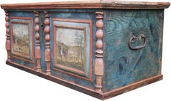 Blanket Chest, Blue Painted  with Equestrian Scenes, Italy 1800