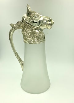 Equestrian Silver Plate Nickel Horse Head and Frosted Glass Decanter Pitcher