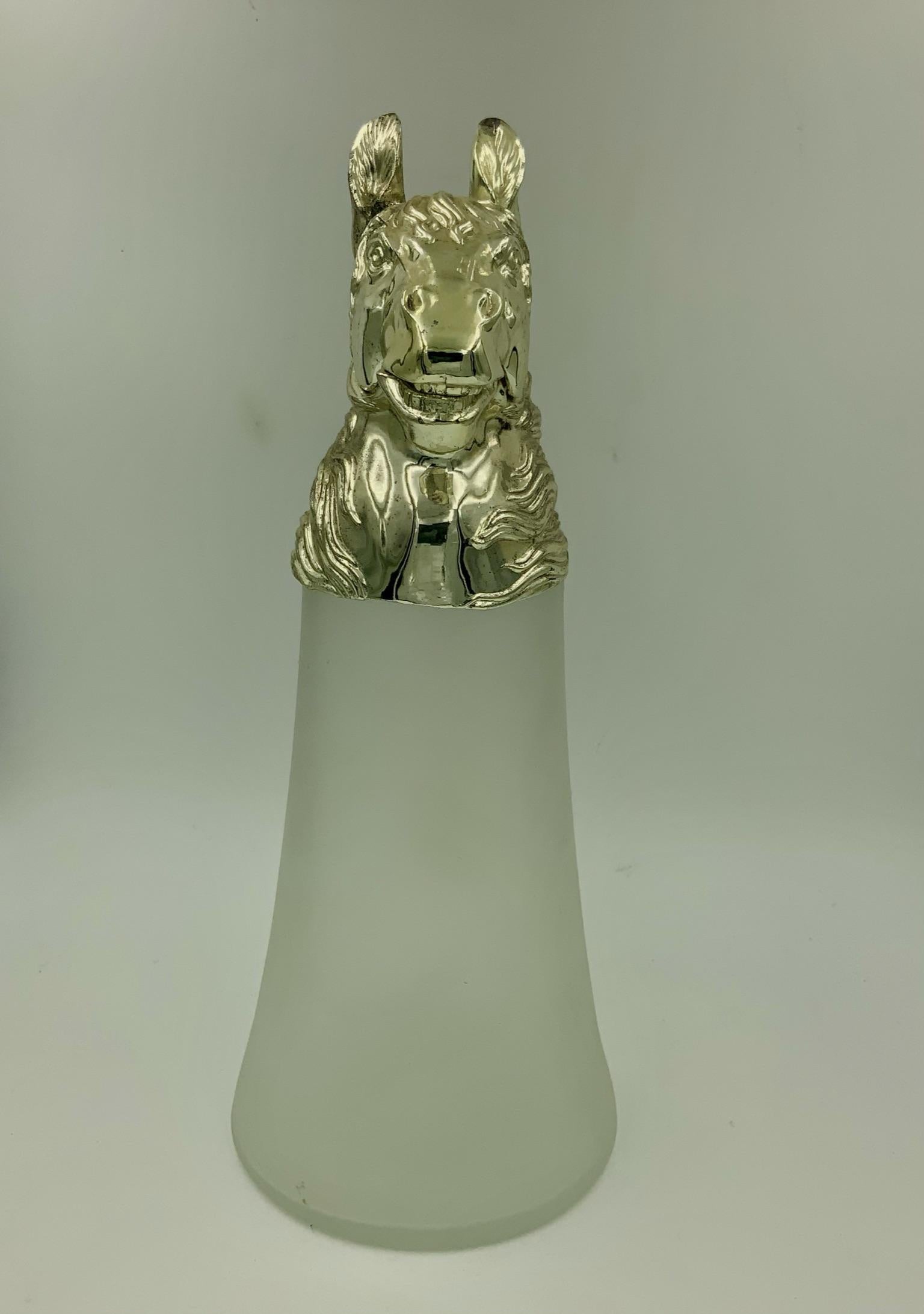 Equestrian Silver Plate Nickel Horse Head and Frosted Glass Decanter Pitcher In Good Condition For Sale In Miami Beach, FL