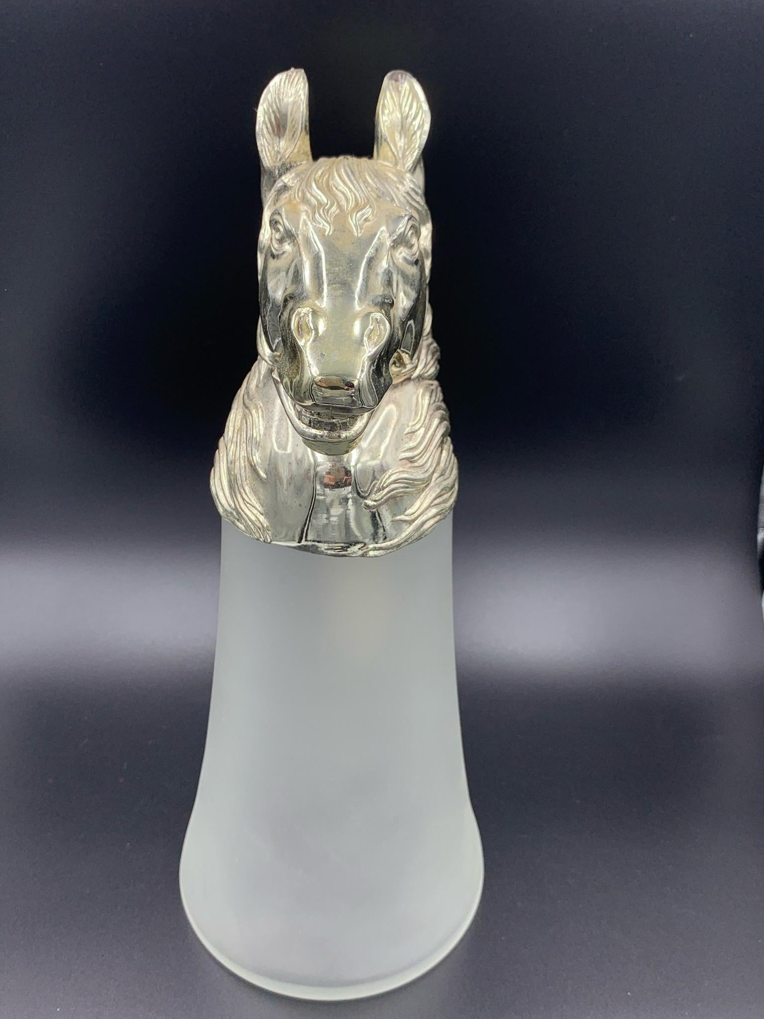 Late 20th Century Equestrian Silver Plate Nickel Horse Head and Frosted Glass Decanter Pitcher For Sale