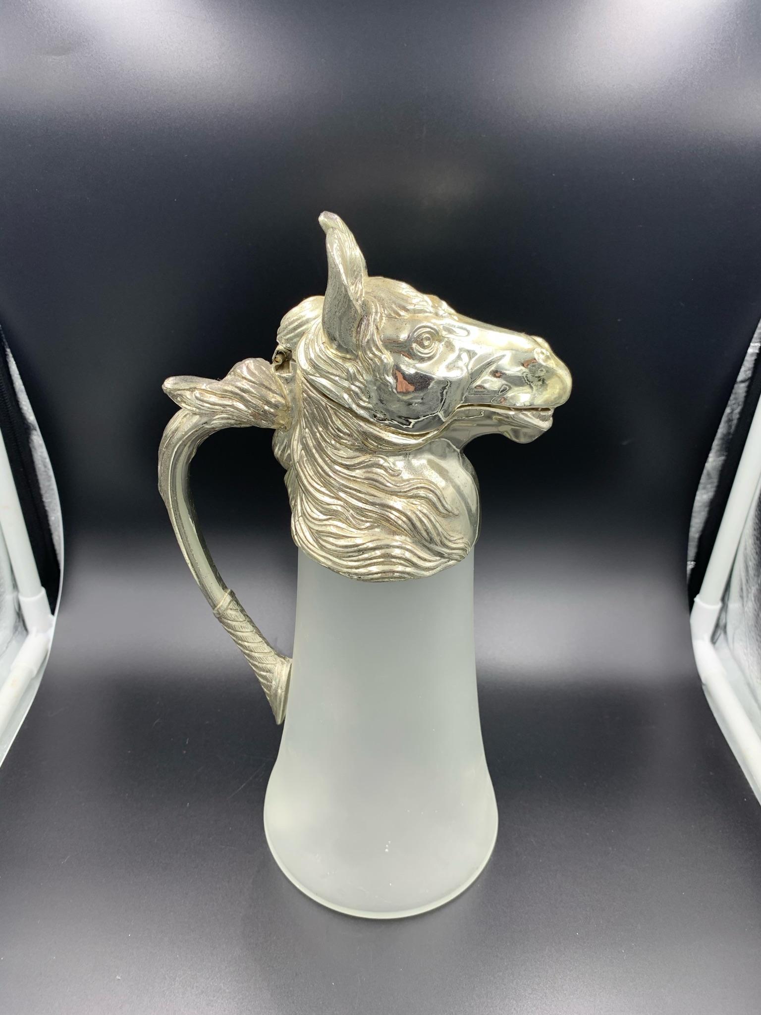 Equestrian Silver Plate Nickel Horse Head and Frosted Glass Decanter Pitcher For Sale 1