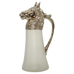 Carafe à décanter équestre en argent nickelé avec tête de cheval et verre dépoli