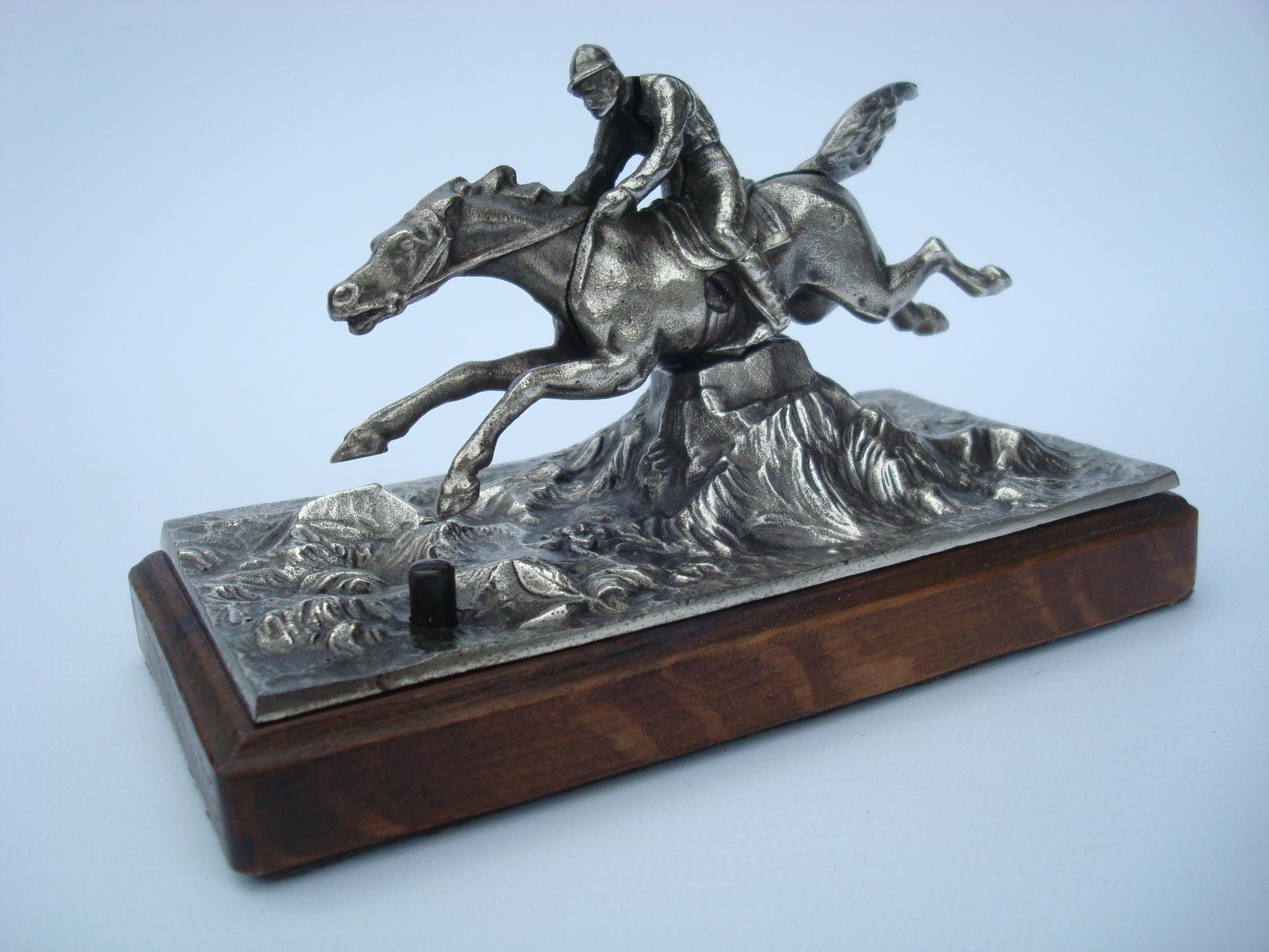 Cast Equestrian Silvered Bronze Table Push Bell, 1900's For Sale