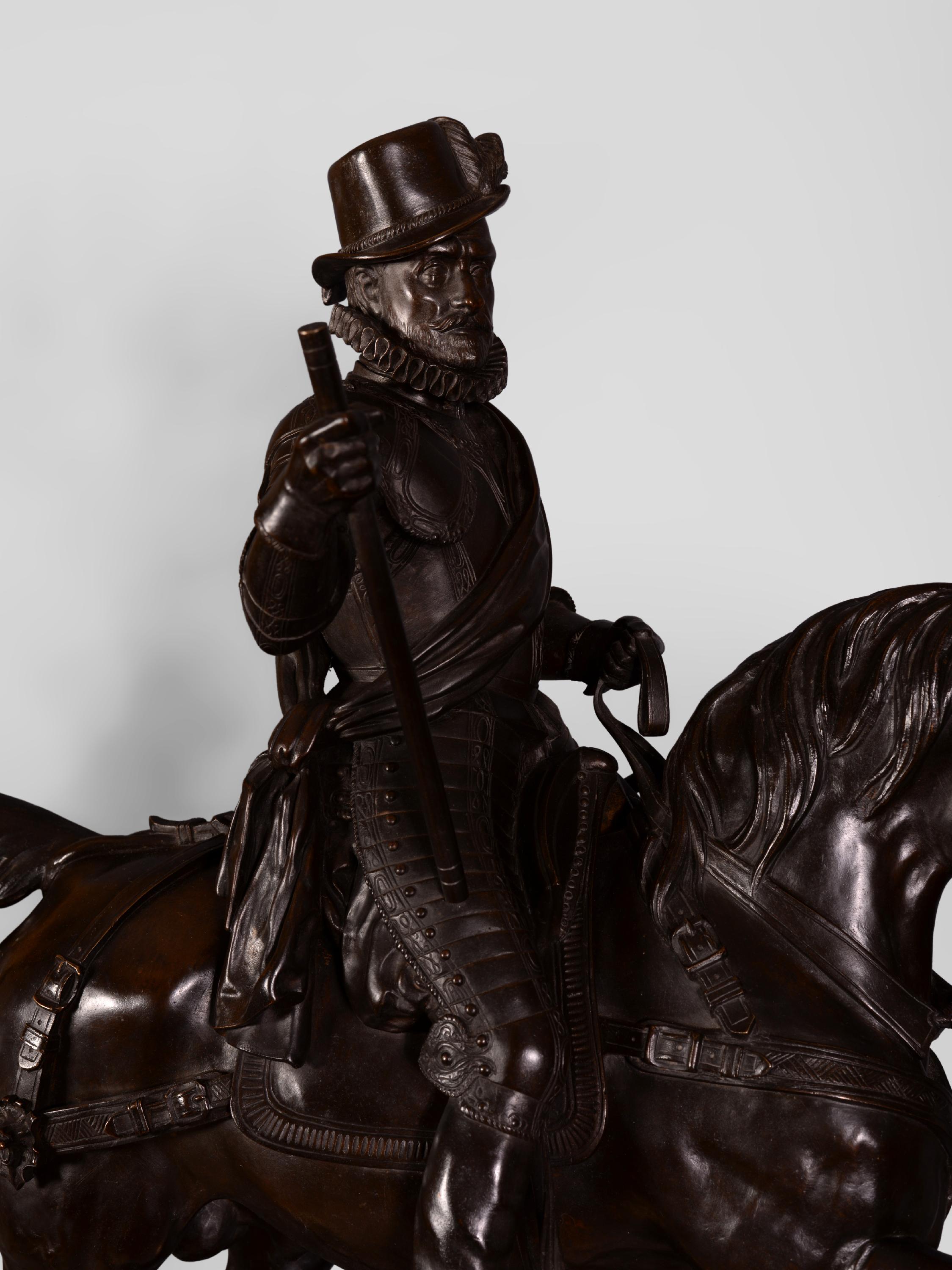 Français statue équestre de Guillaume Ier et deux candélabres avec halberdiers en vente
