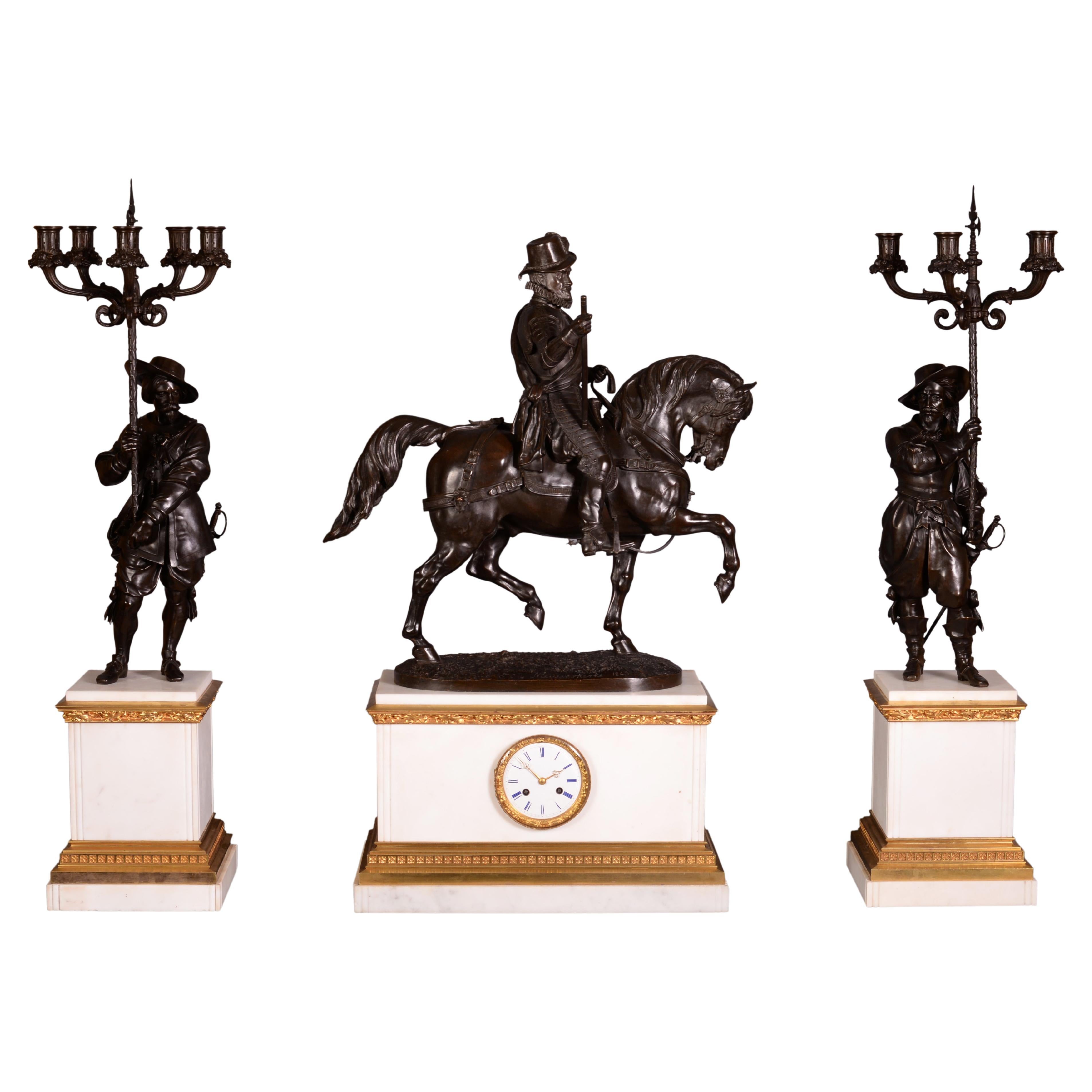 Equestrian statue of William I and two candelabras with halberdiers For Sale