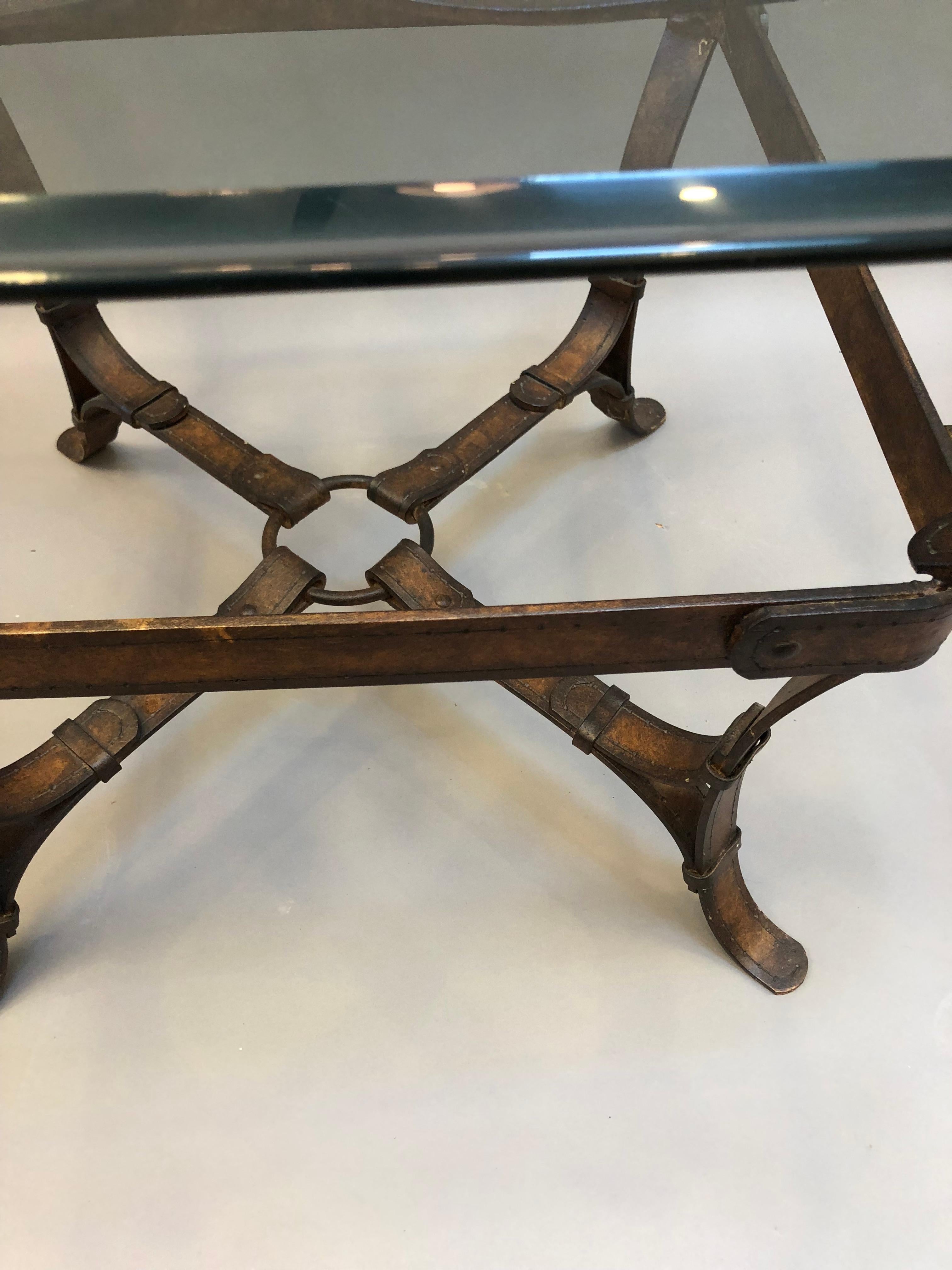 Unknown Equestrian Style Iron and Glass Side Table with Faux Leather Strap Base