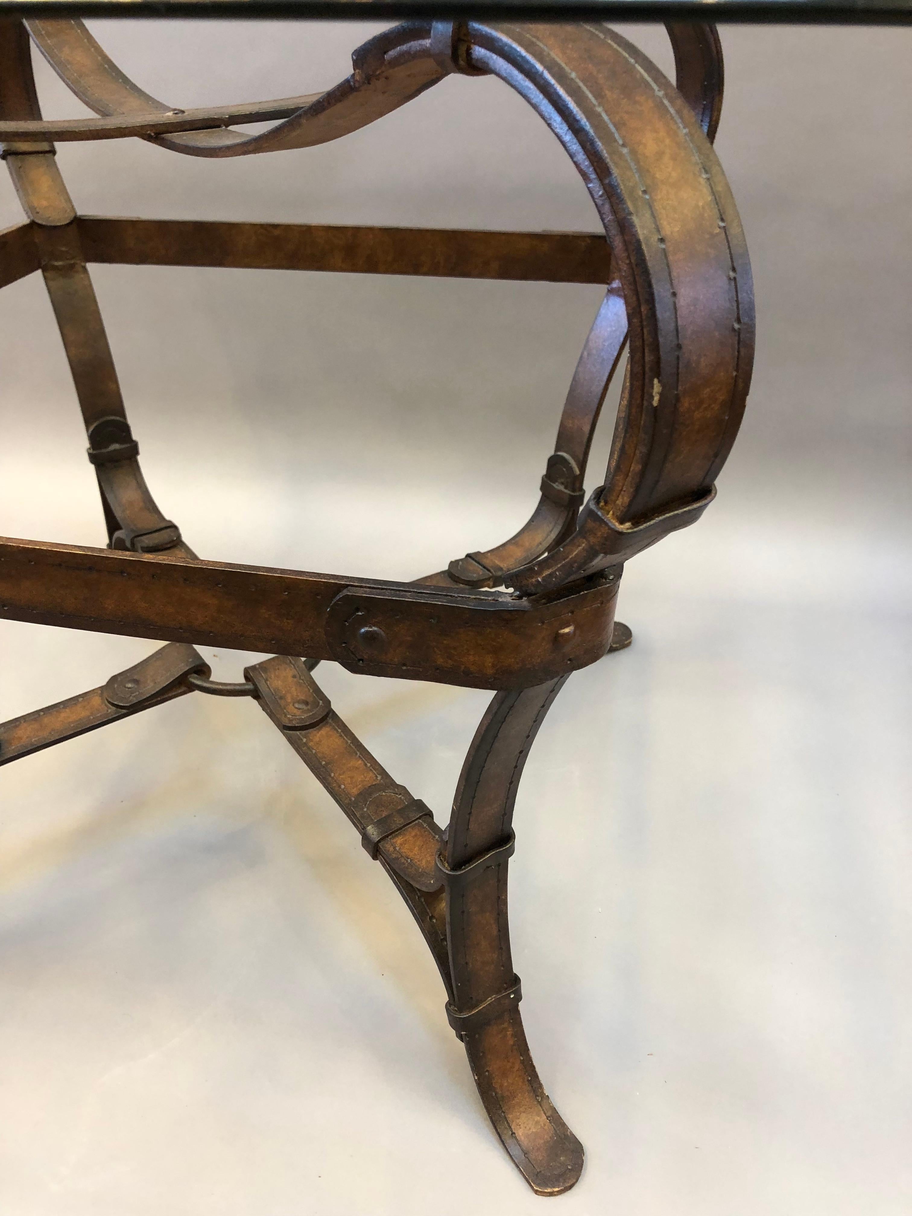 Equestrian Style Iron and Glass Side Table with Faux Leather Strap Base In Good Condition In Middleburg, VA