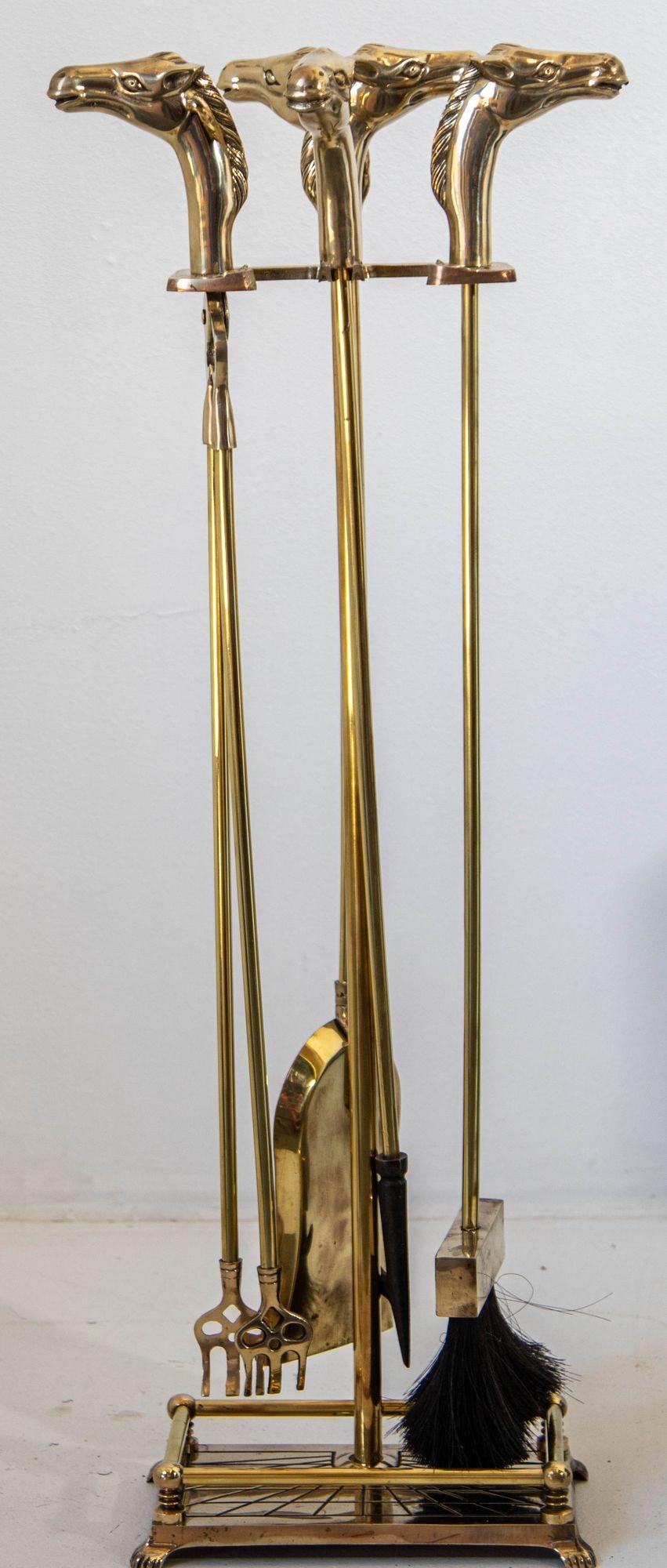 Equestrian Theme Fire Tools Brass Fireplace Tools Set with Horse Head 1940s 5