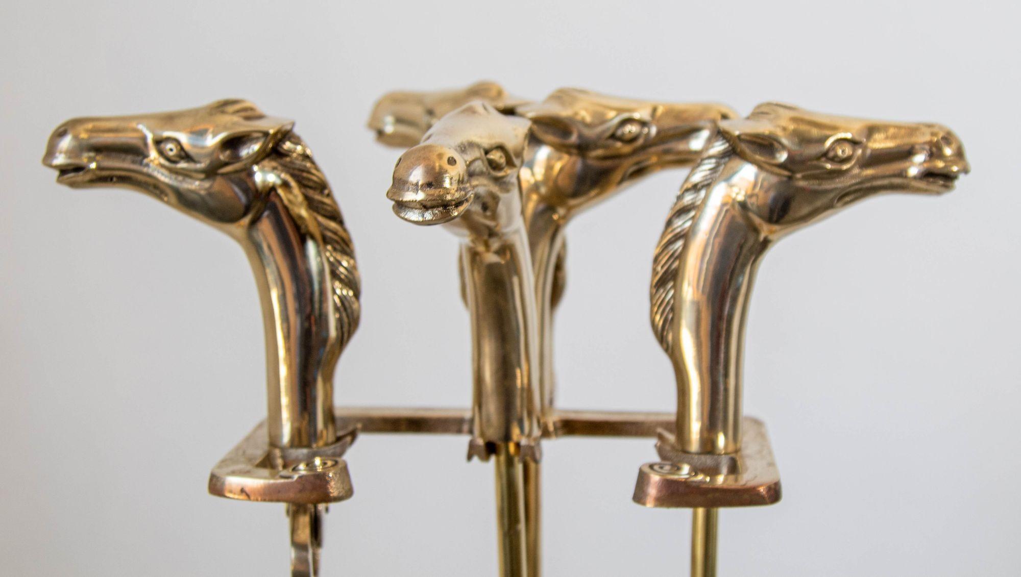 Hollywood Regency Equestrian Theme Fire Tools Brass Fireplace Tools Set with Horse Head 1940s